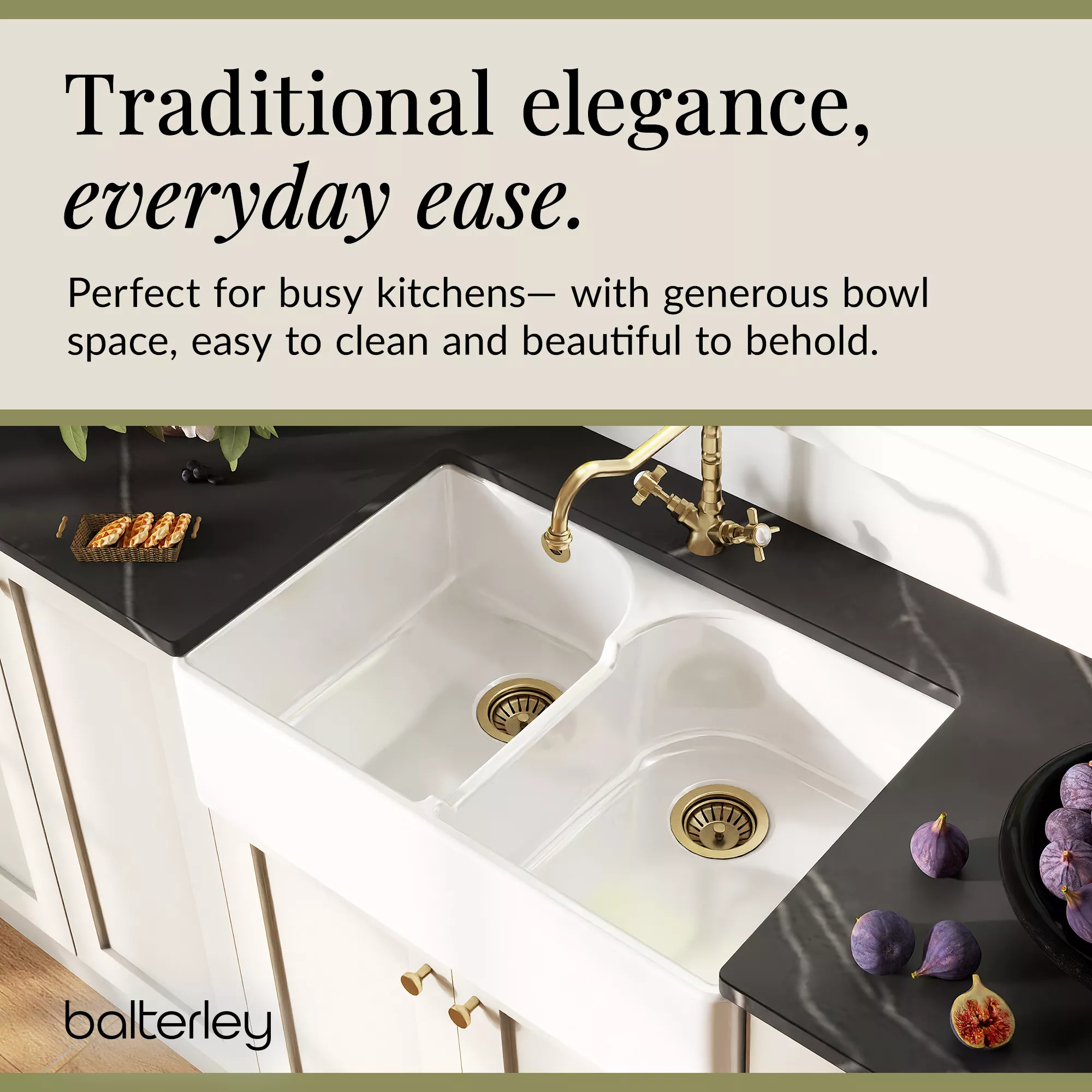 Fireclay Kitchen Bundle - Double Bowl Stepped Weir Butler Sink, Wastes & French Tap, 795mm - Brushed Brass - Image 6