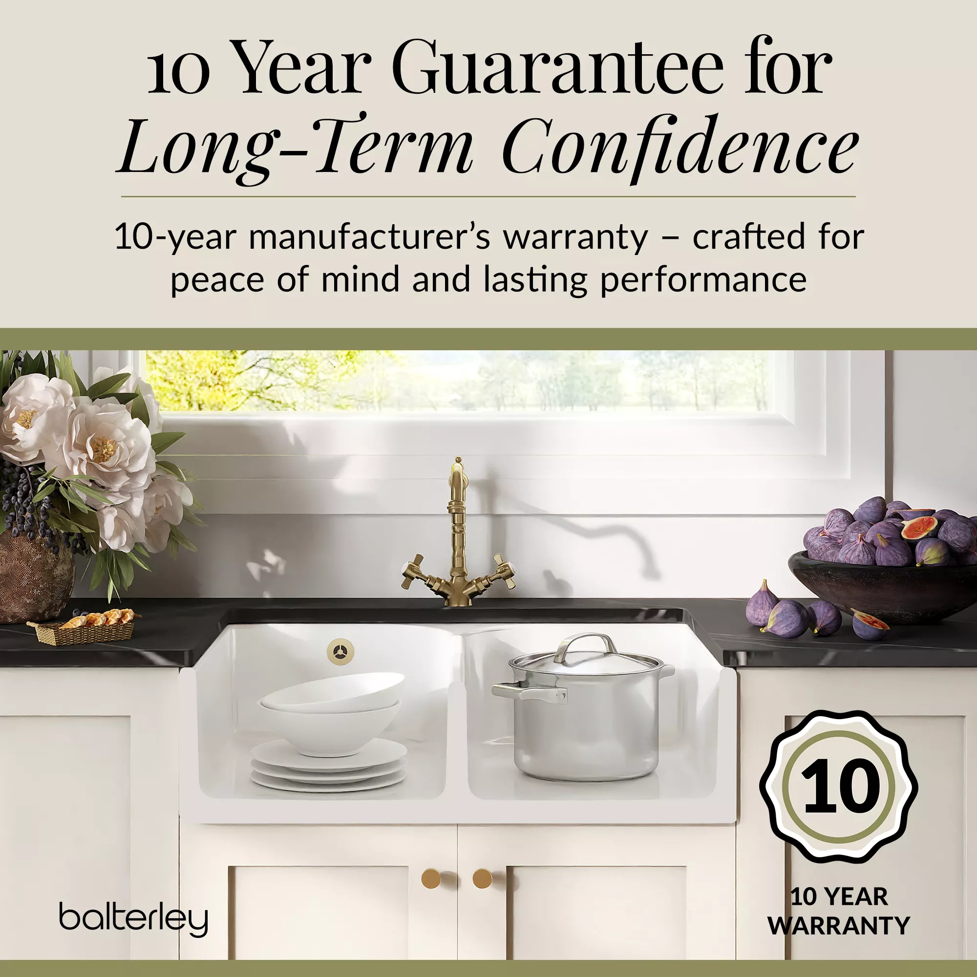 Fireclay Kitchen Bundle - Double Bowl Stepped Weir Butler Sink, Wastes & French Tap, 795mm - Brushed Brass - Image 9