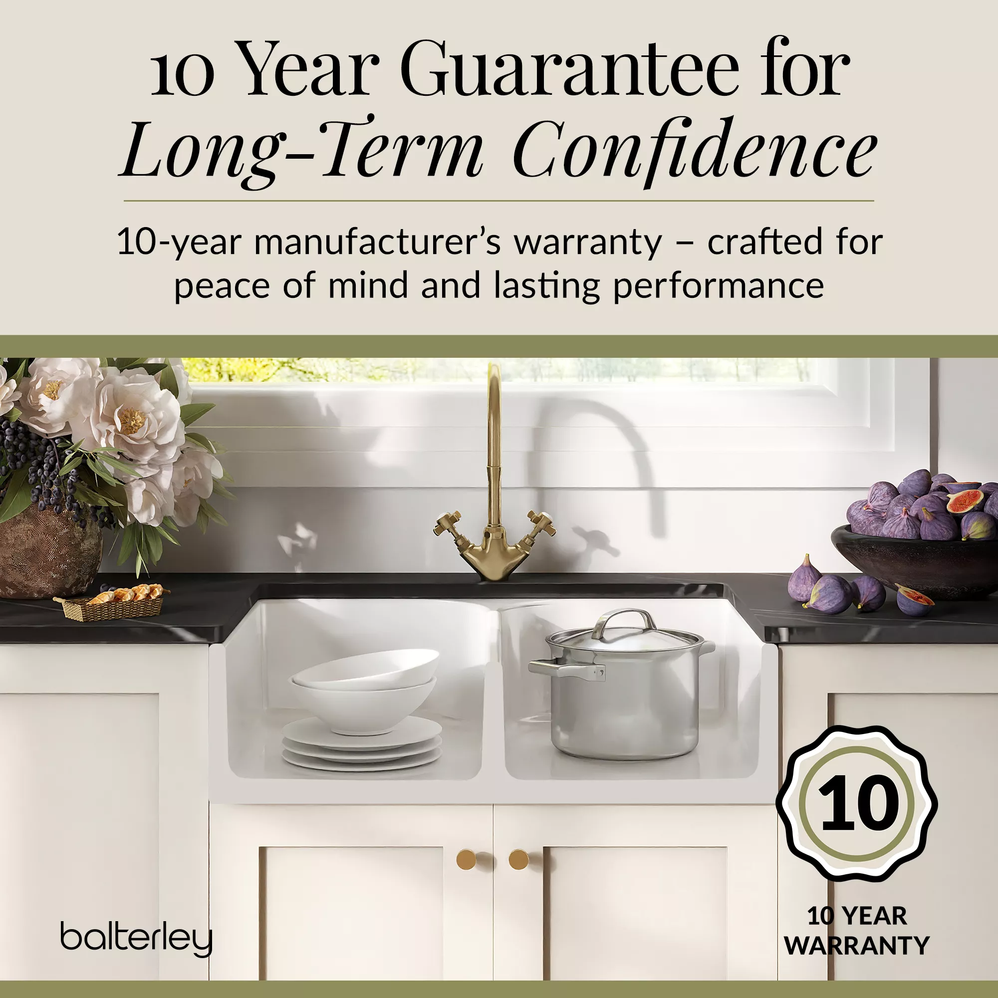 Fireclay Kitchen Bundle - Double Bowl Stepped Weir Butler Sink, Wastes & Mono Crosshead Tap, 795mm - Brushed Brass - Image 10