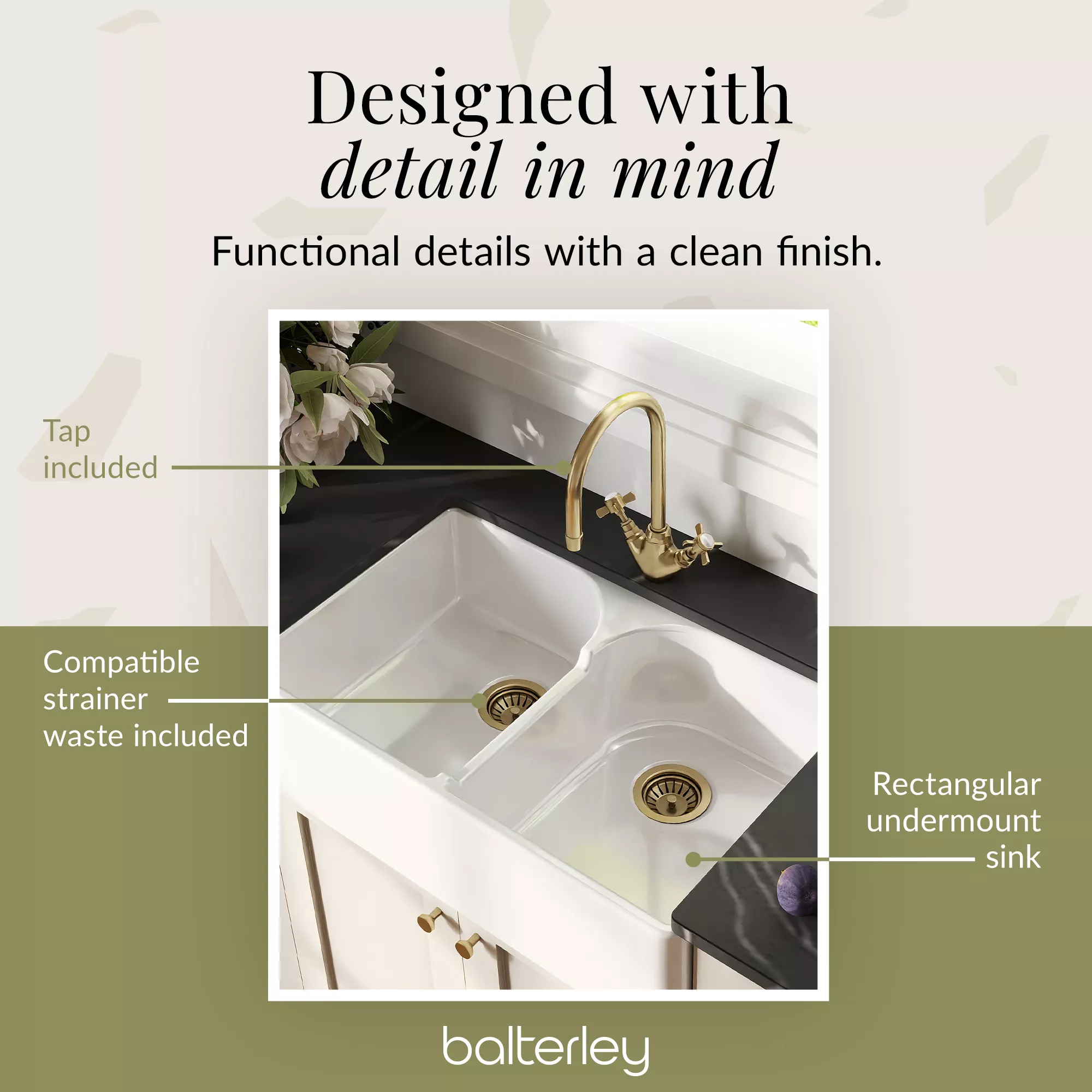 Fireclay Kitchen Bundle - Double Bowl Stepped Weir Butler Sink, Wastes & Mono Crosshead Tap, 795mm - Brushed Brass - Image 11