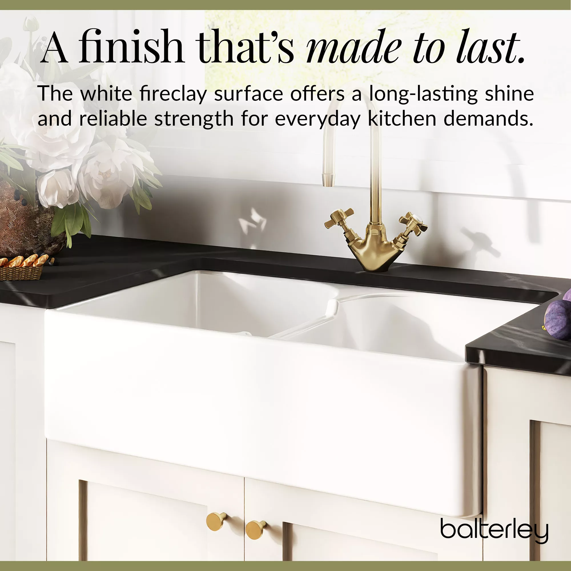 Fireclay Kitchen Bundle - Double Bowl Stepped Weir Butler Sink, Wastes & Mono Crosshead Tap, 795mm - Brushed Brass - Image 8