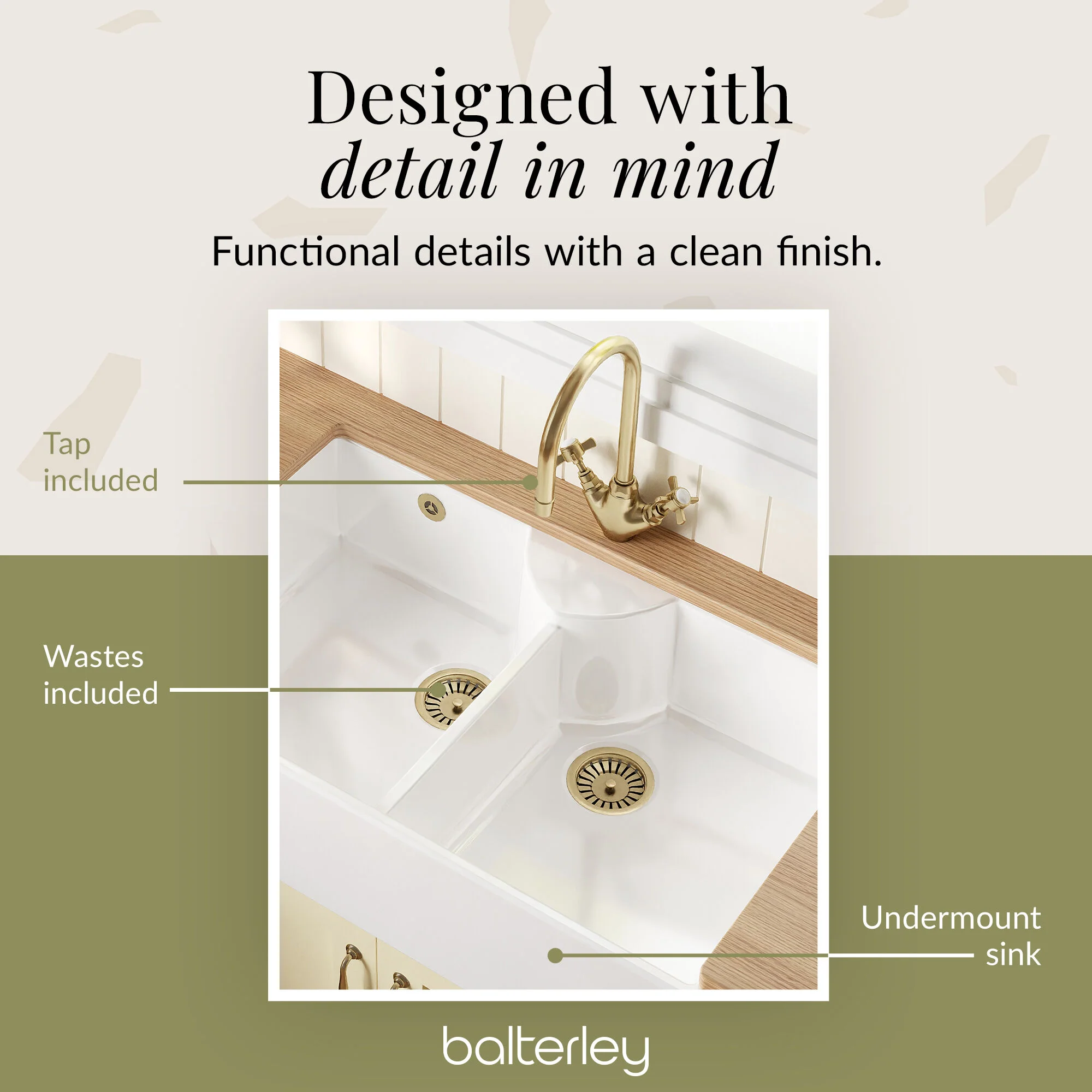 Fireclay Kitchen Bundle - Double Bowl Stepped Weir Butler Sink, Wastes & Mono Crosshead Tap, 895mm - Brushed Brass - Image 10