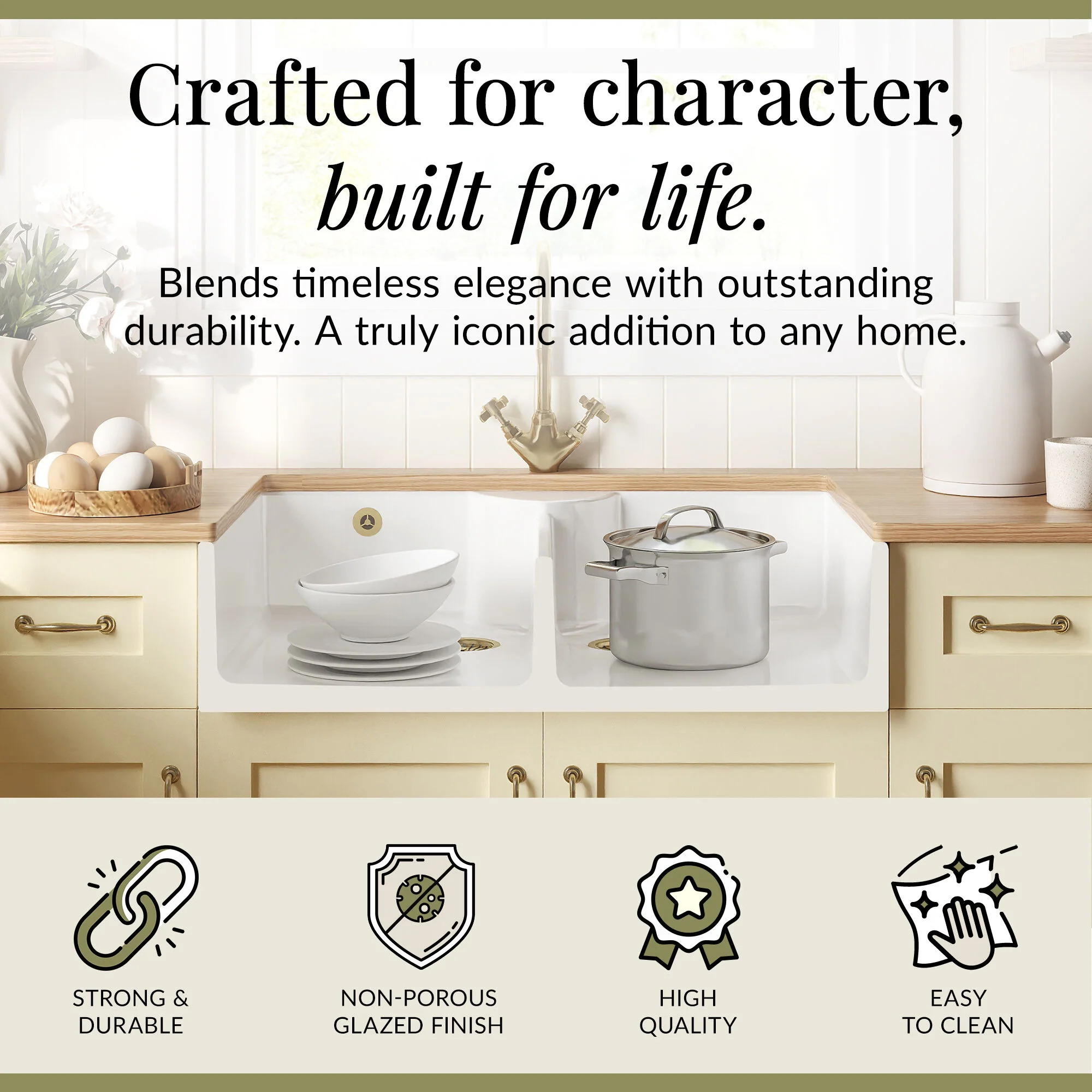 Fireclay Kitchen Bundle - Double Bowl Stepped Weir Butler Sink, Wastes & Mono Crosshead Tap, 895mm - Brushed Brass - Image 5