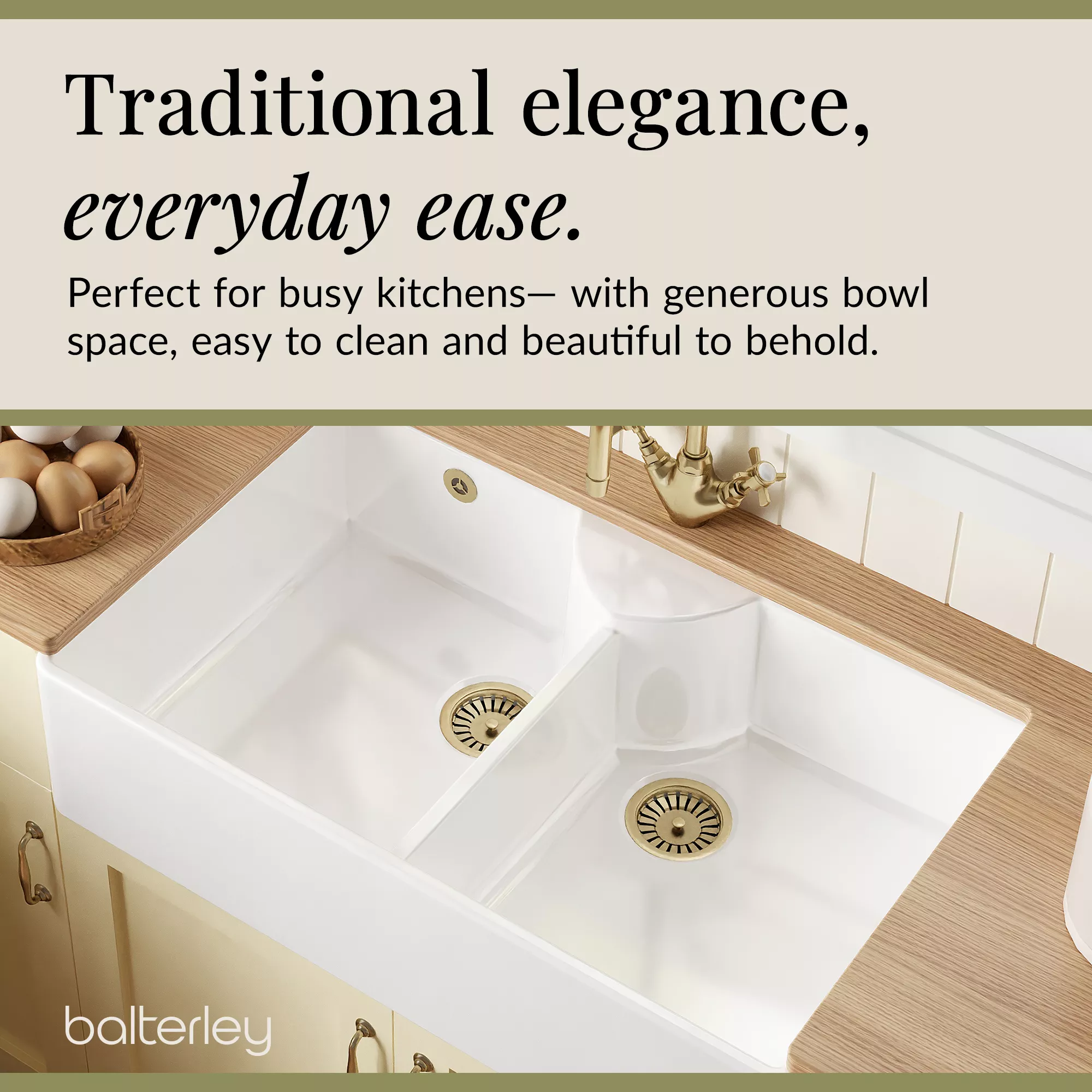 Fireclay Kitchen Bundle - Double Bowl Stepped Weir Butler Sink, Wastes & Mono Crosshead Tap, 895mm - Brushed Brass - Image 6