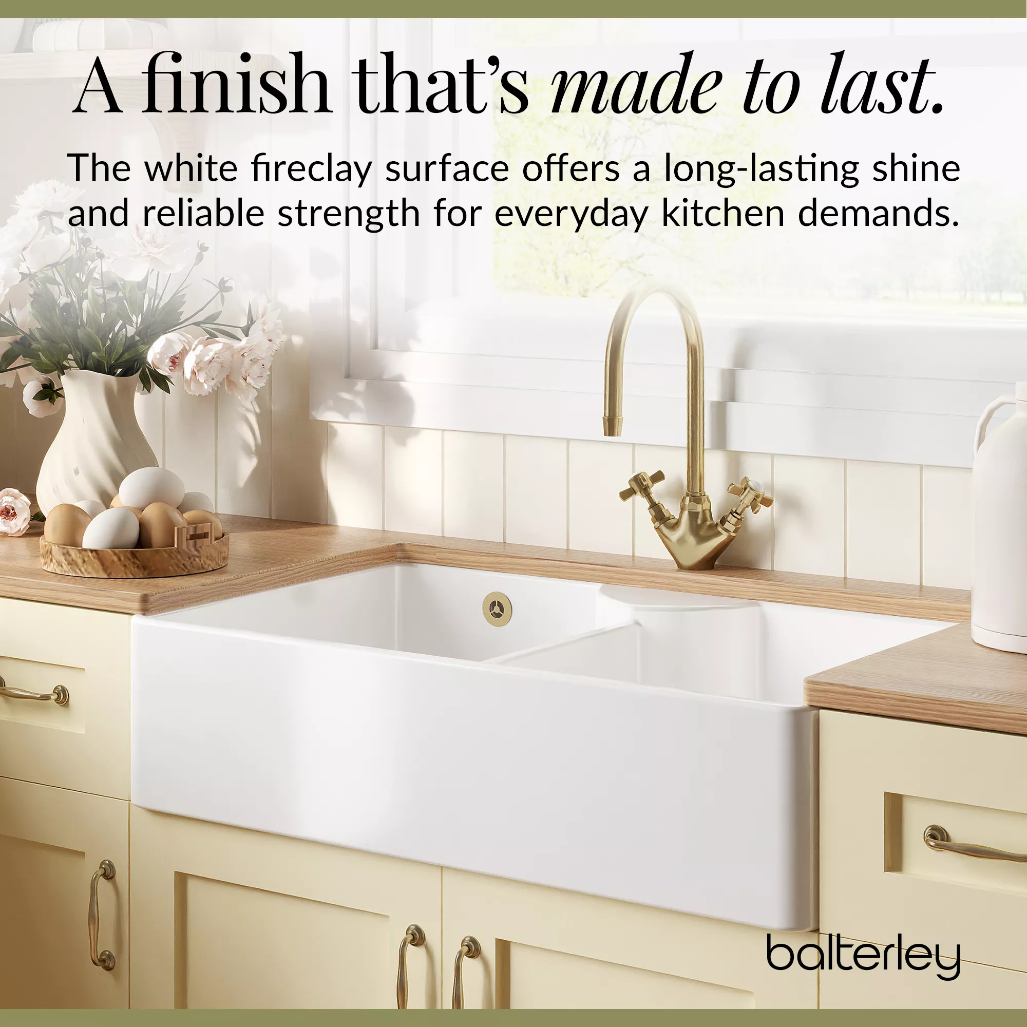 Fireclay Kitchen Bundle - Double Bowl Stepped Weir Butler Sink, Wastes & Mono Crosshead Tap, 895mm - Brushed Brass - Image 7