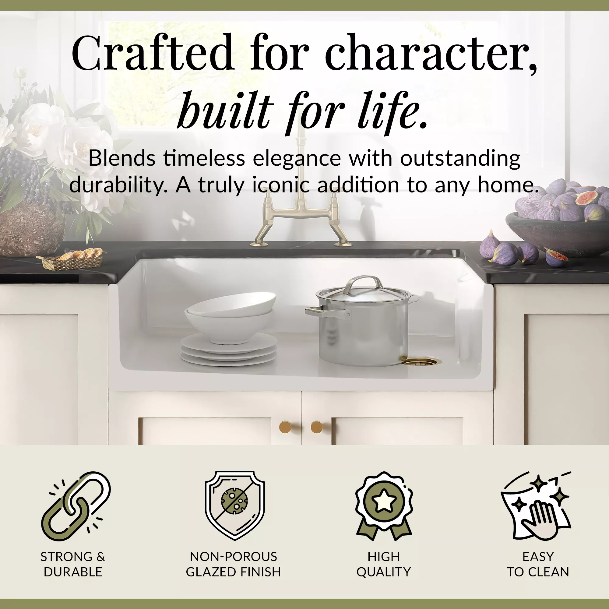 Fireclay Kitchen Bundle - Single Bowl Belfast Sink, Strainer Waste & Bridge Crosshead Mixer Tap, 895mm - Brushed Brass - Image 5