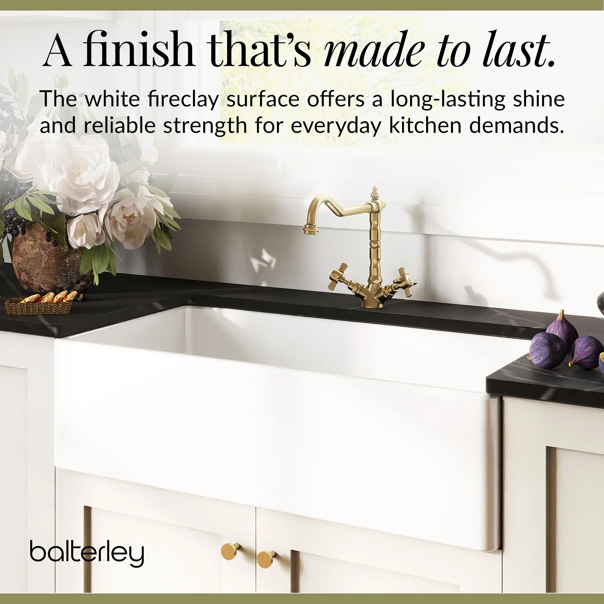 Fireclay Kitchen Bundle - Single Bowl Belfast Sink, Strainer Waste & Bridge Crosshead Mixer Tap, 895mm - Brushed Brass - Image 7