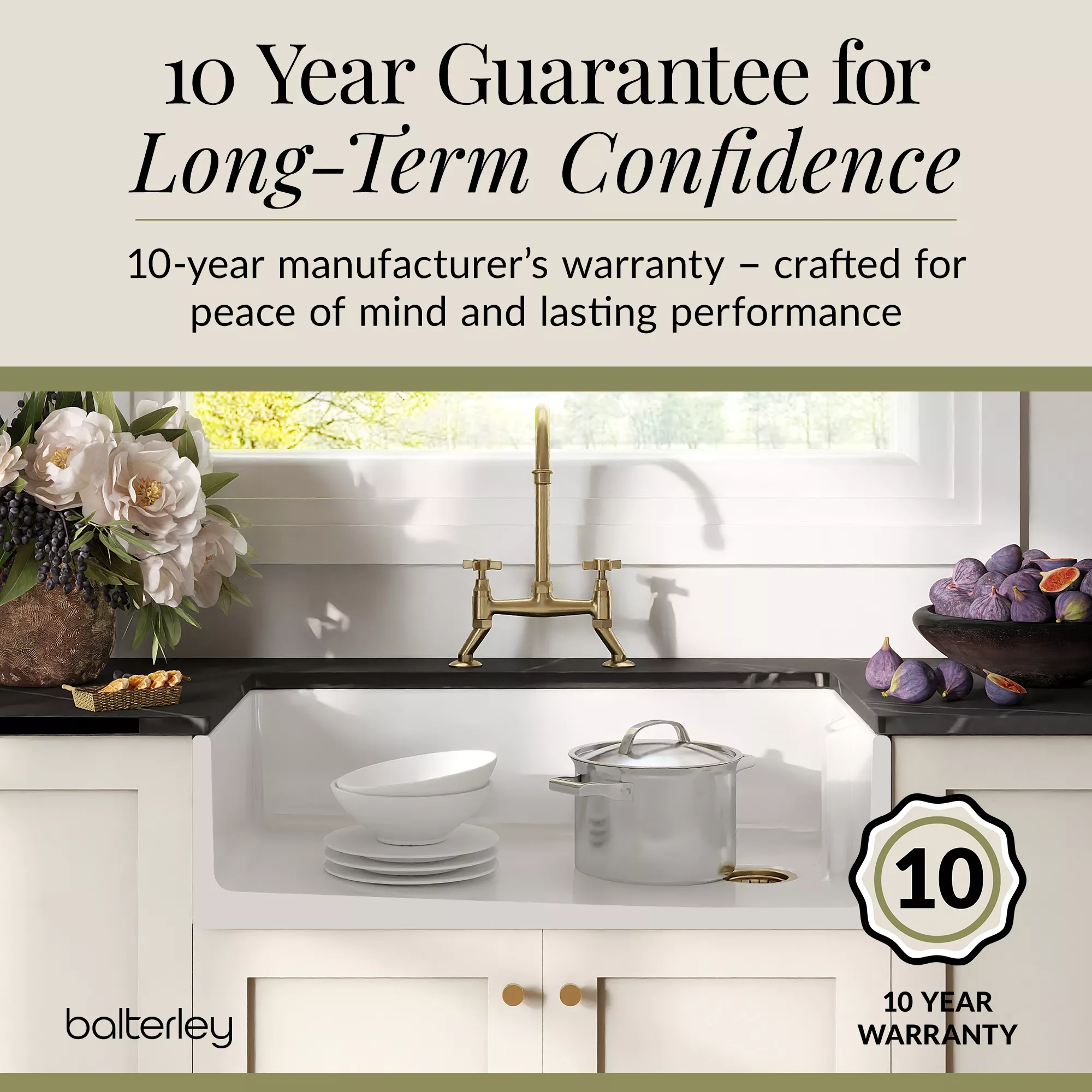 Fireclay Kitchen Bundle - Single Bowl Belfast Sink, Strainer Waste & Bridge Crosshead Mixer Tap, 895mm - Brushed Brass - Image 9