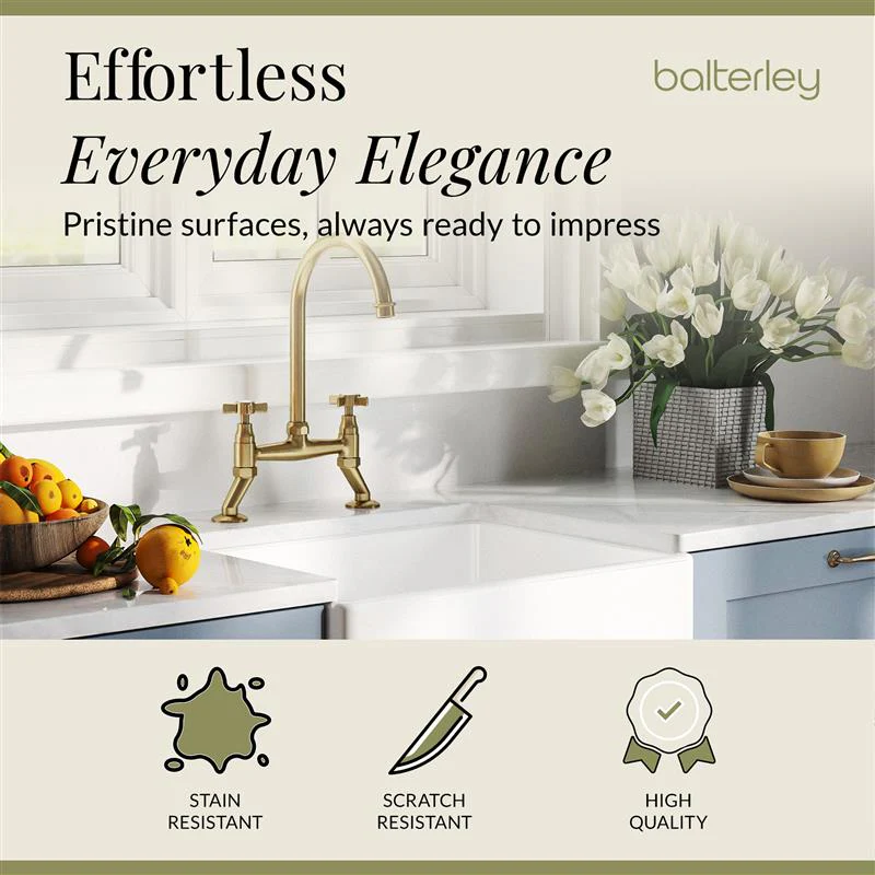 Fireclay Kitchen Bundle - Single Bowl Belfast Sink, Strainer Waste & Bridge Crosshead Tap, 595mm - Brushed Brass - Image 6