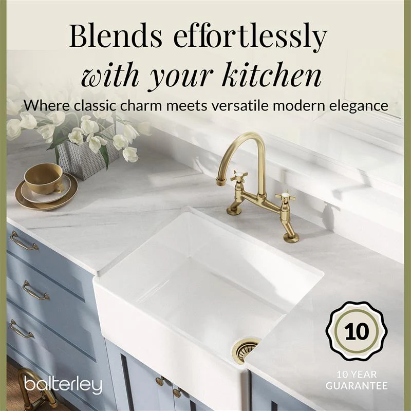 Fireclay Kitchen Bundle - Single Bowl Belfast Sink, Strainer Waste & Bridge Crosshead Tap, 595mm - Brushed Brass - Image 7