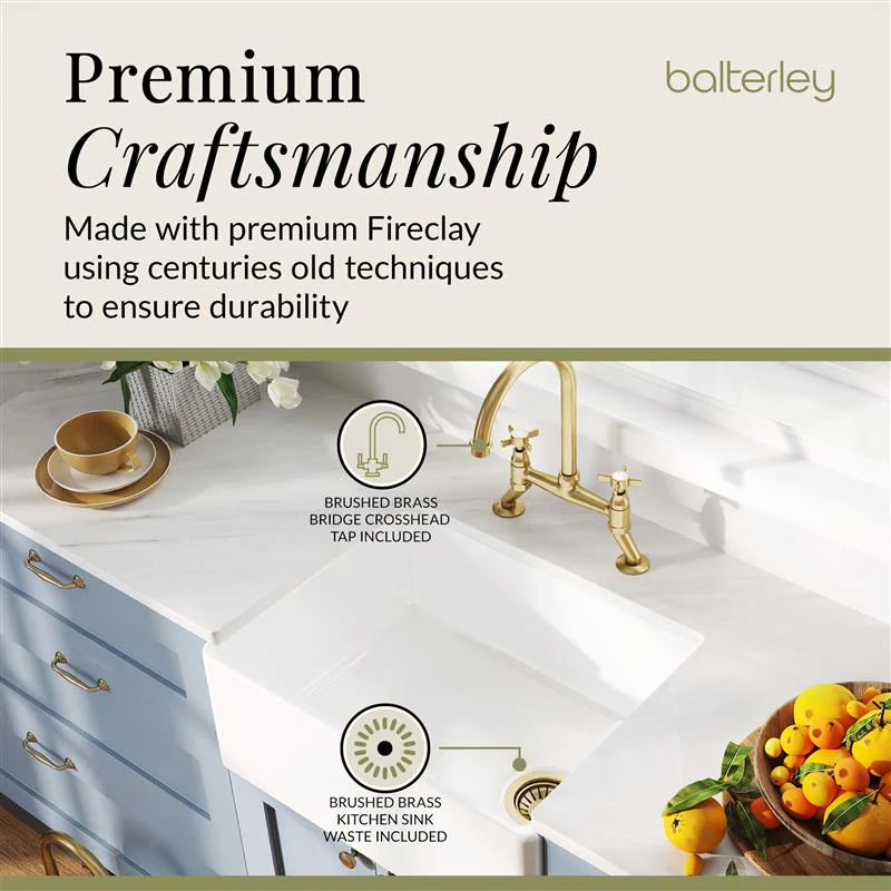 Fireclay Kitchen Bundle - Single Bowl Belfast Sink, Strainer Waste & Bridge Crosshead Tap, 595mm - Brushed Brass - Image 9