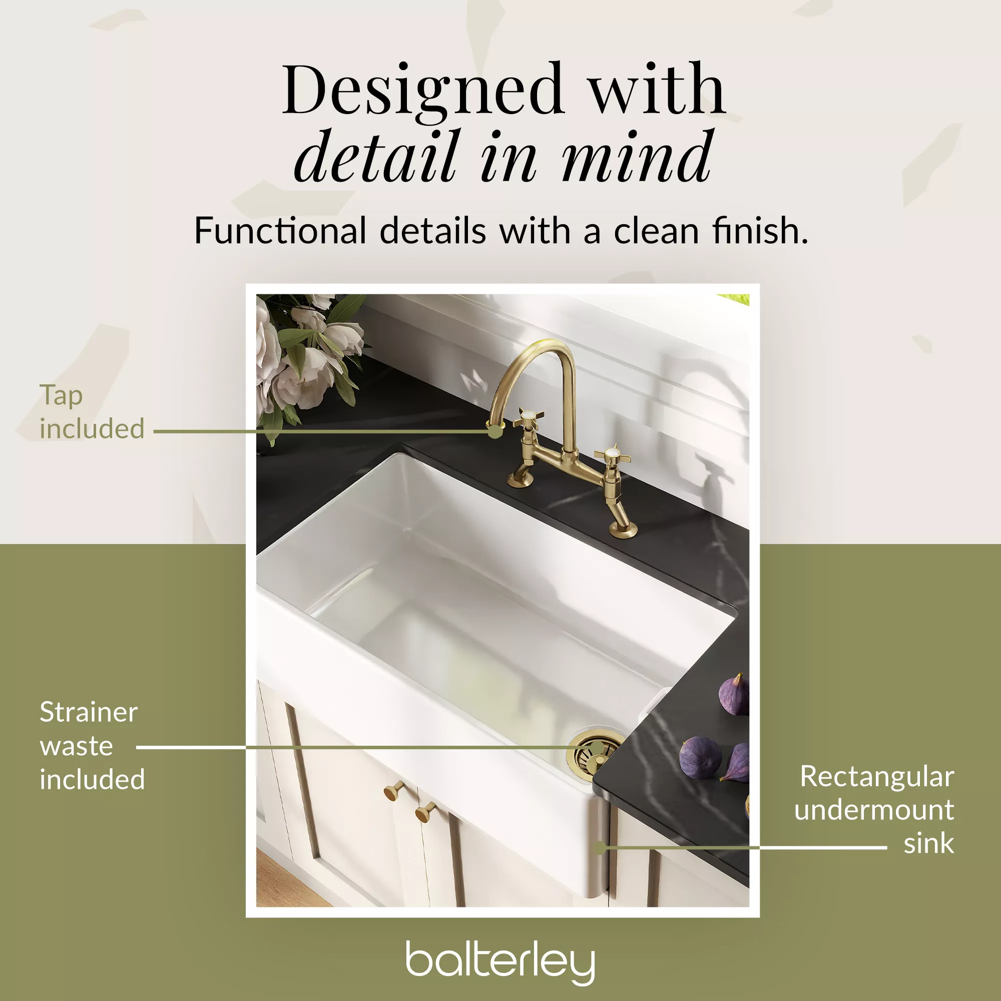 Fireclay Kitchen Bundle - Single Bowl Belfast Sink, Strainer Waste & Bridge Crosshead Tap, 795mm - Brushed Brass - Image 10