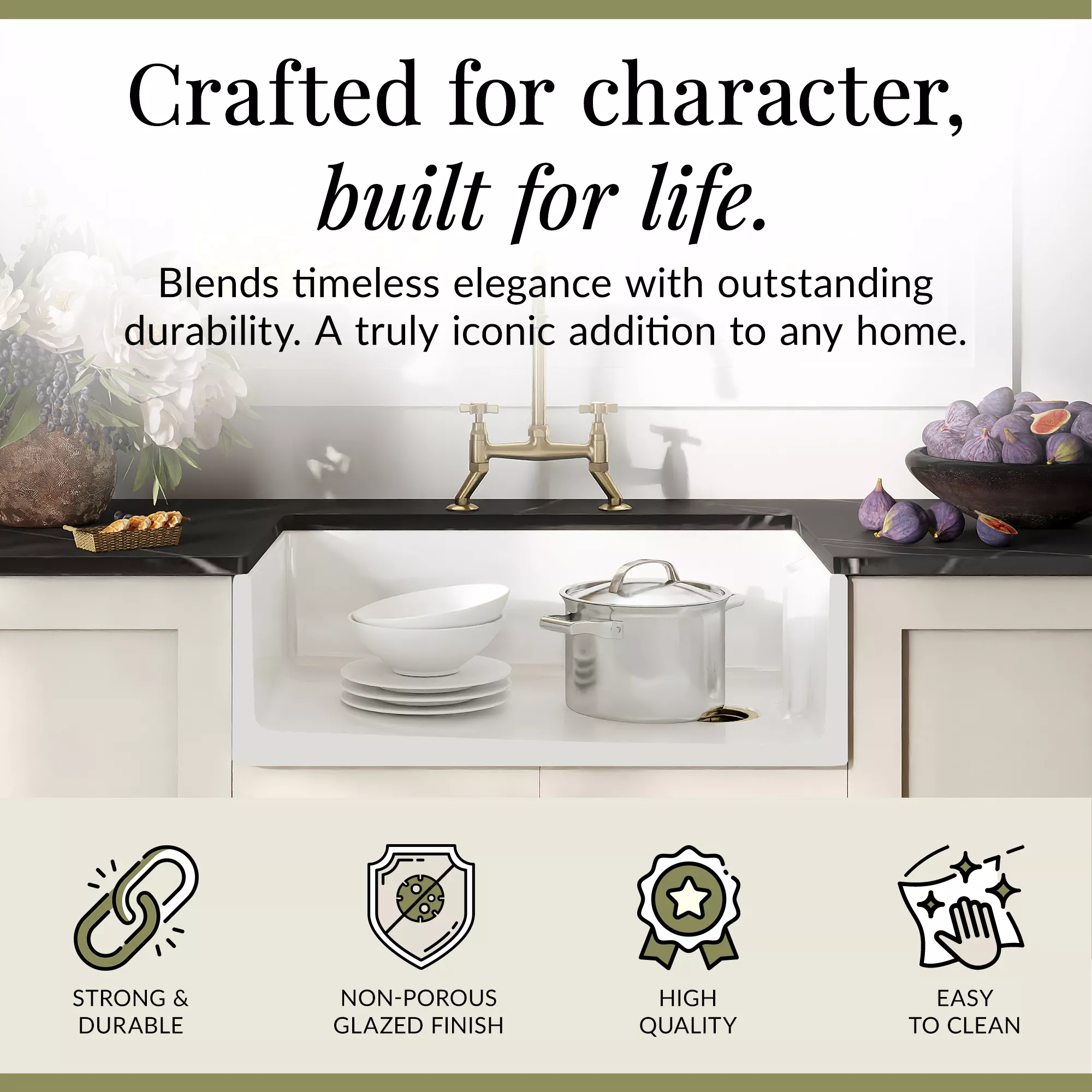 Fireclay Kitchen Bundle - Single Bowl Belfast Sink, Strainer Waste & Bridge Crosshead Tap, 795mm - Brushed Brass - Image 5
