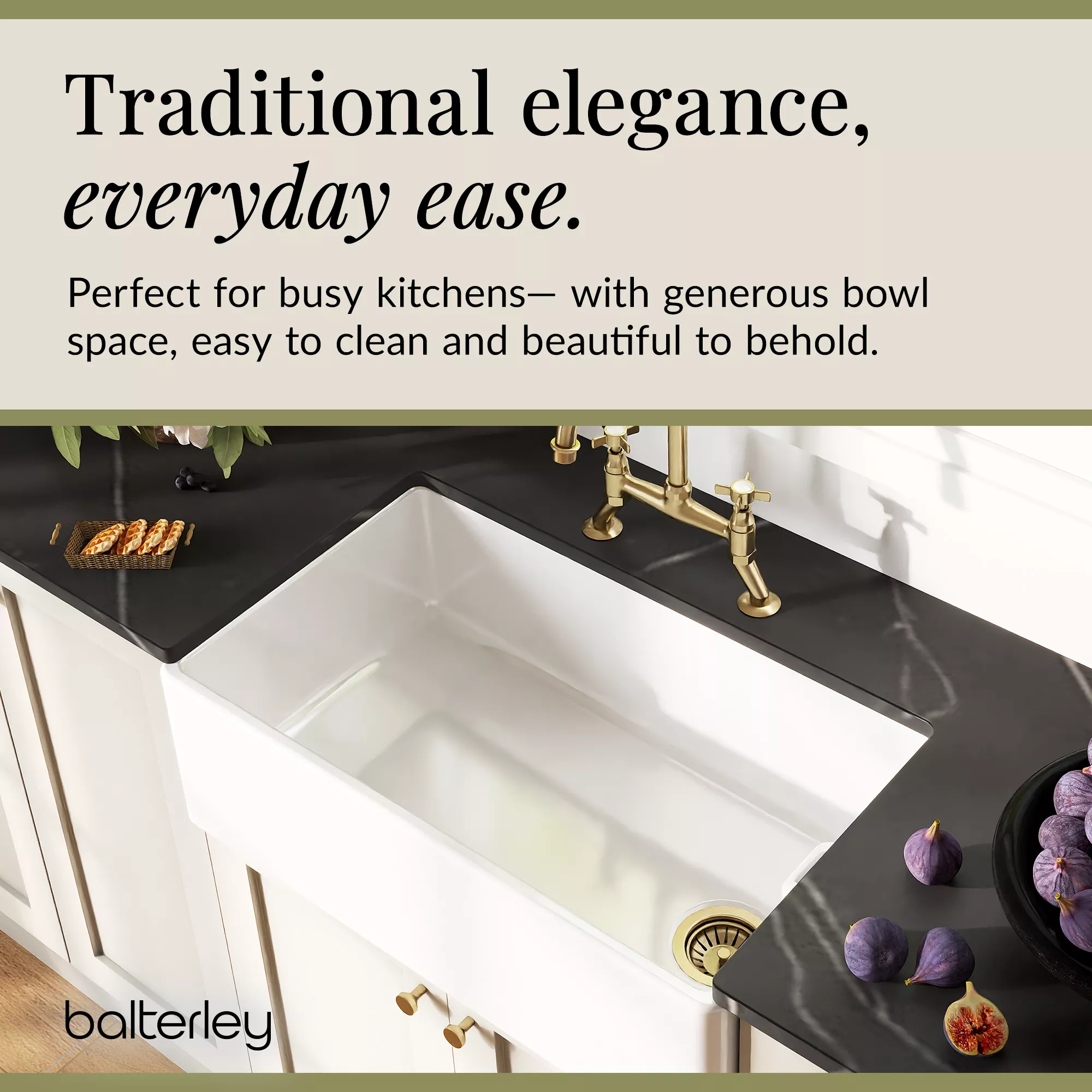 Fireclay Kitchen Bundle - Single Bowl Belfast Sink, Strainer Waste & Bridge Crosshead Tap, 795mm - Brushed Brass - Image 6