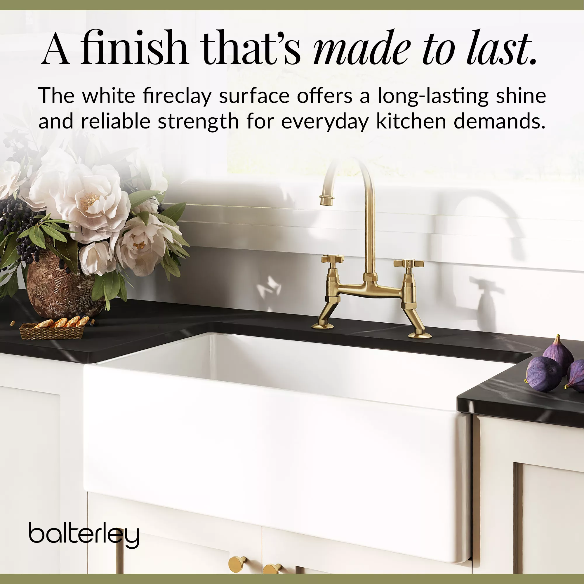 Fireclay Kitchen Bundle - Single Bowl Belfast Sink, Strainer Waste & Bridge Crosshead Tap, 795mm - Brushed Brass - Image 7