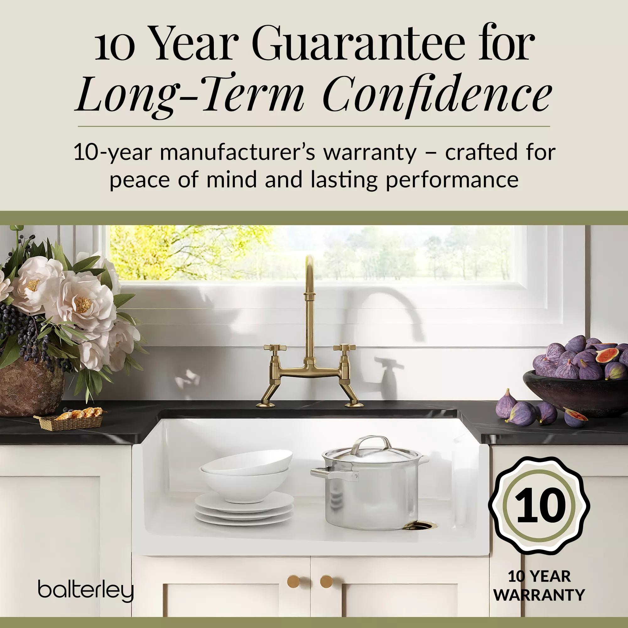 Fireclay Kitchen Bundle - Single Bowl Belfast Sink, Strainer Waste & Bridge Crosshead Tap, 795mm - Brushed Brass - Image 9