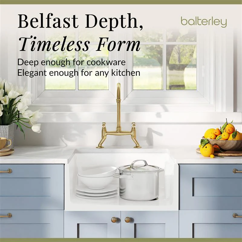 Fireclay Kitchen Bundle - Single Bowl Belfast Sink, Strainer Waste & Bridge Lever Tap, 595mm - Brushed Brass - Image 11