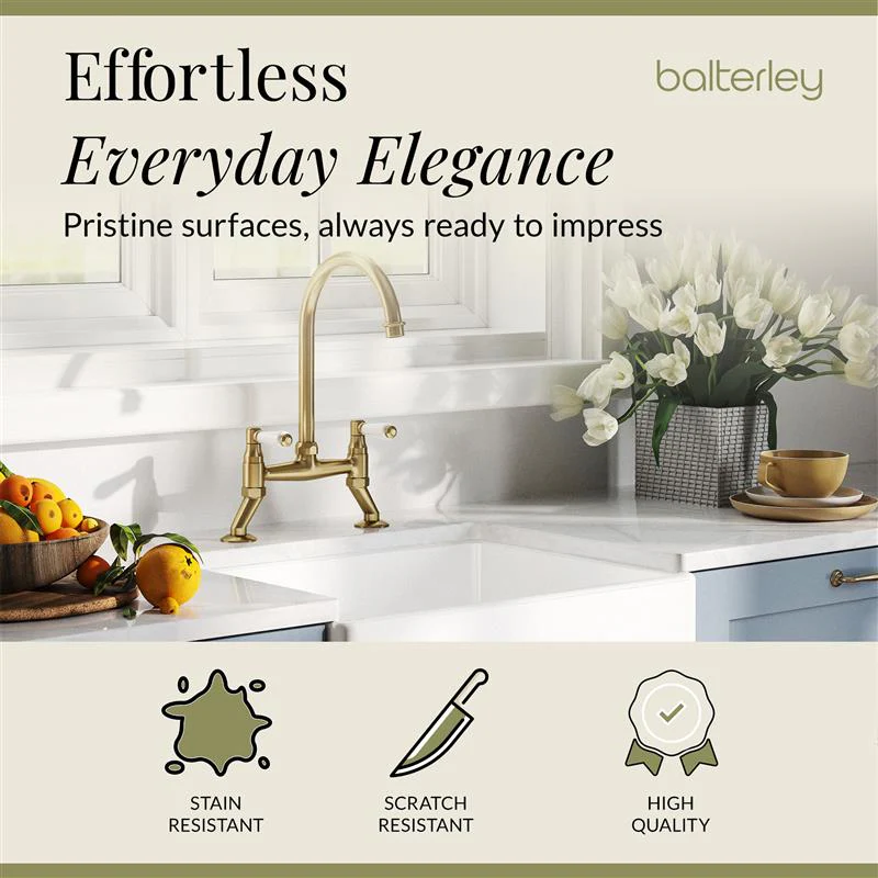 Fireclay Kitchen Bundle - Single Bowl Belfast Sink, Strainer Waste & Bridge Lever Tap, 595mm - Brushed Brass - Image 12