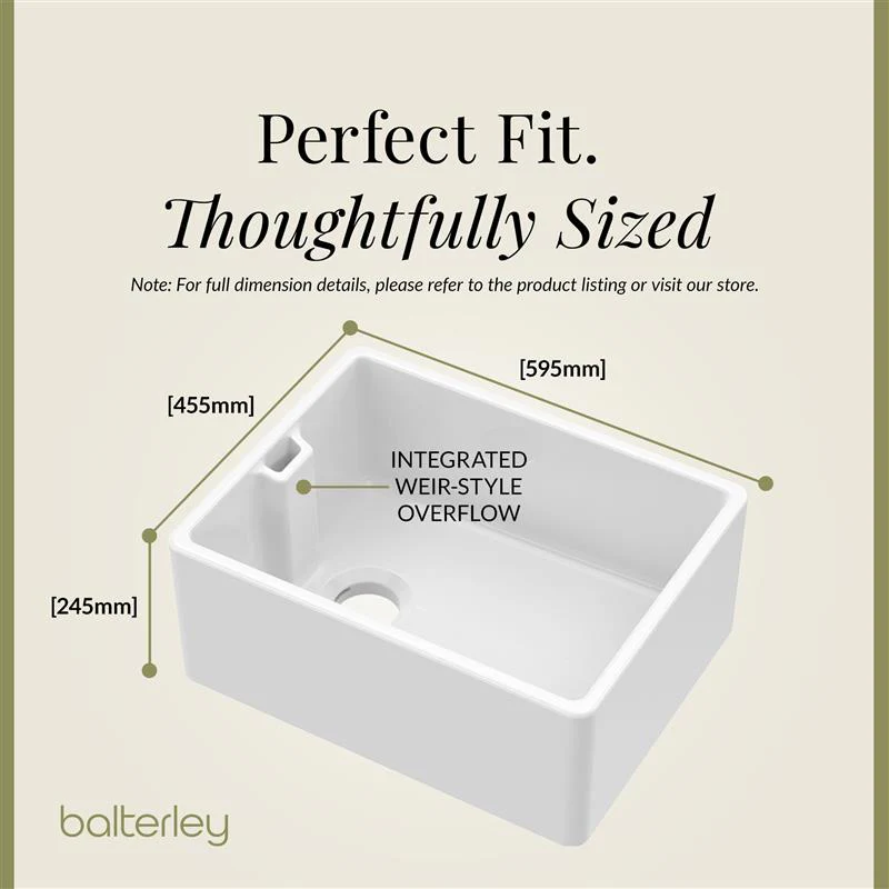 Fireclay Kitchen Bundle - Single Bowl Belfast Sink, Strainer Waste & Bridge Lever Tap, 595mm - Brushed Brass - Image 16