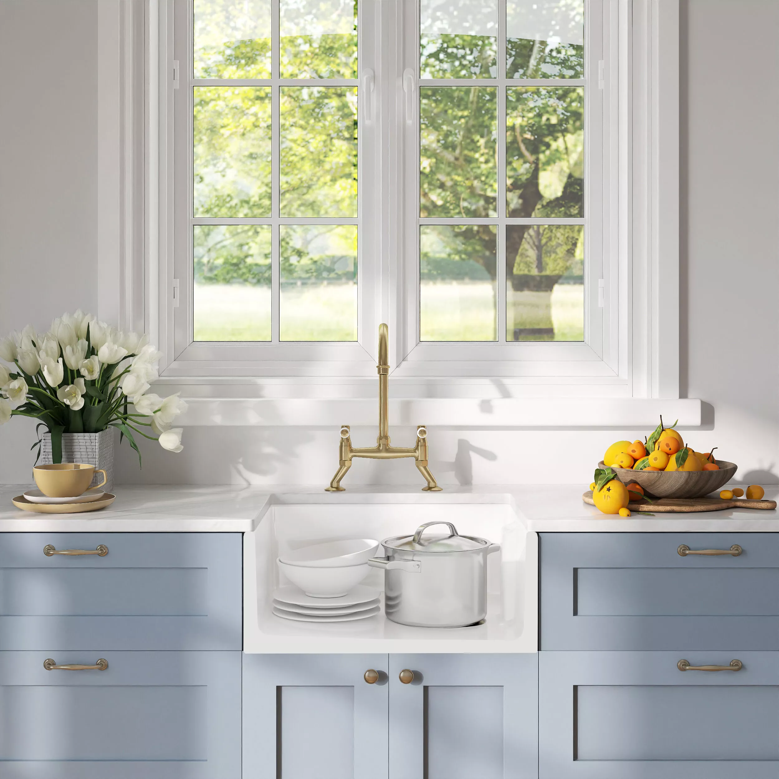 Fireclay Kitchen Bundle - Single Bowl Belfast Sink, Strainer Waste & Bridge Lever Tap, 595mm - Brushed Brass - Image 17