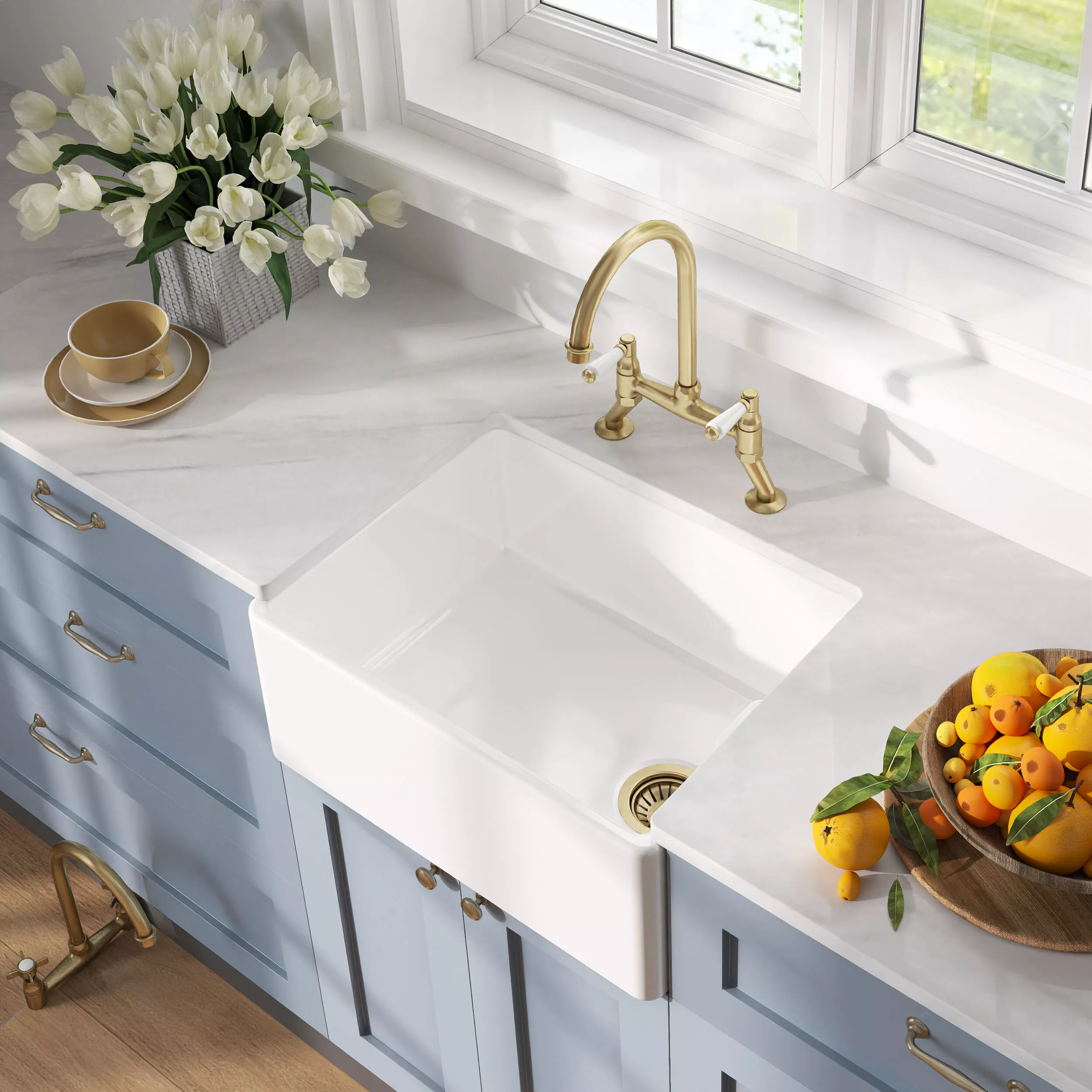 Fireclay Kitchen Bundle - Single Bowl Belfast Sink, Strainer Waste & Bridge Lever Tap, 595mm - Brushed Brass - Image 18