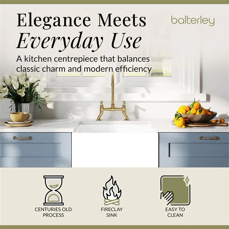 Fireclay Kitchen Bundle - Single Bowl Belfast Sink, Strainer Waste & Bridge Lever Tap, 595mm - Brushed Brass - Image 5