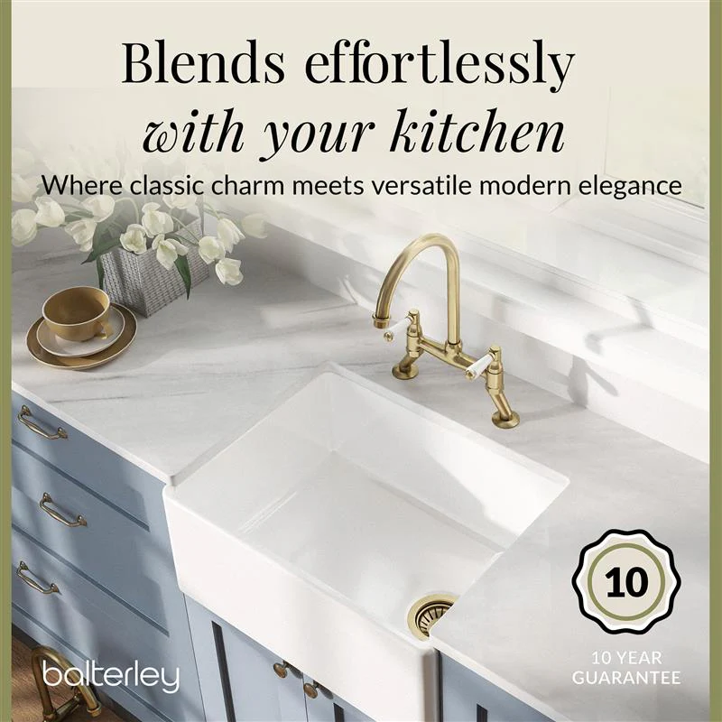 Fireclay Kitchen Bundle - Single Bowl Belfast Sink, Strainer Waste & Bridge Lever Tap, 595mm - Brushed Brass - Image 7