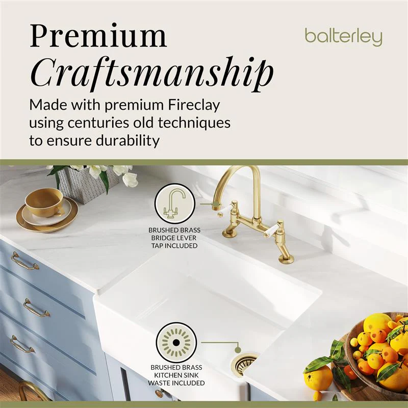 Fireclay Kitchen Bundle - Single Bowl Belfast Sink, Strainer Waste & Bridge Lever Tap, 595mm - Brushed Brass - Image 9