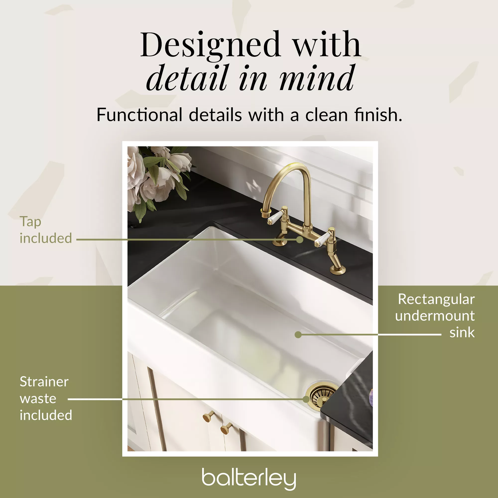 Fireclay Kitchen Bundle - Single Bowl Belfast Sink, Strainer Waste & Bridge Lever Tap, 795mm - Brushed Brass - Image 10