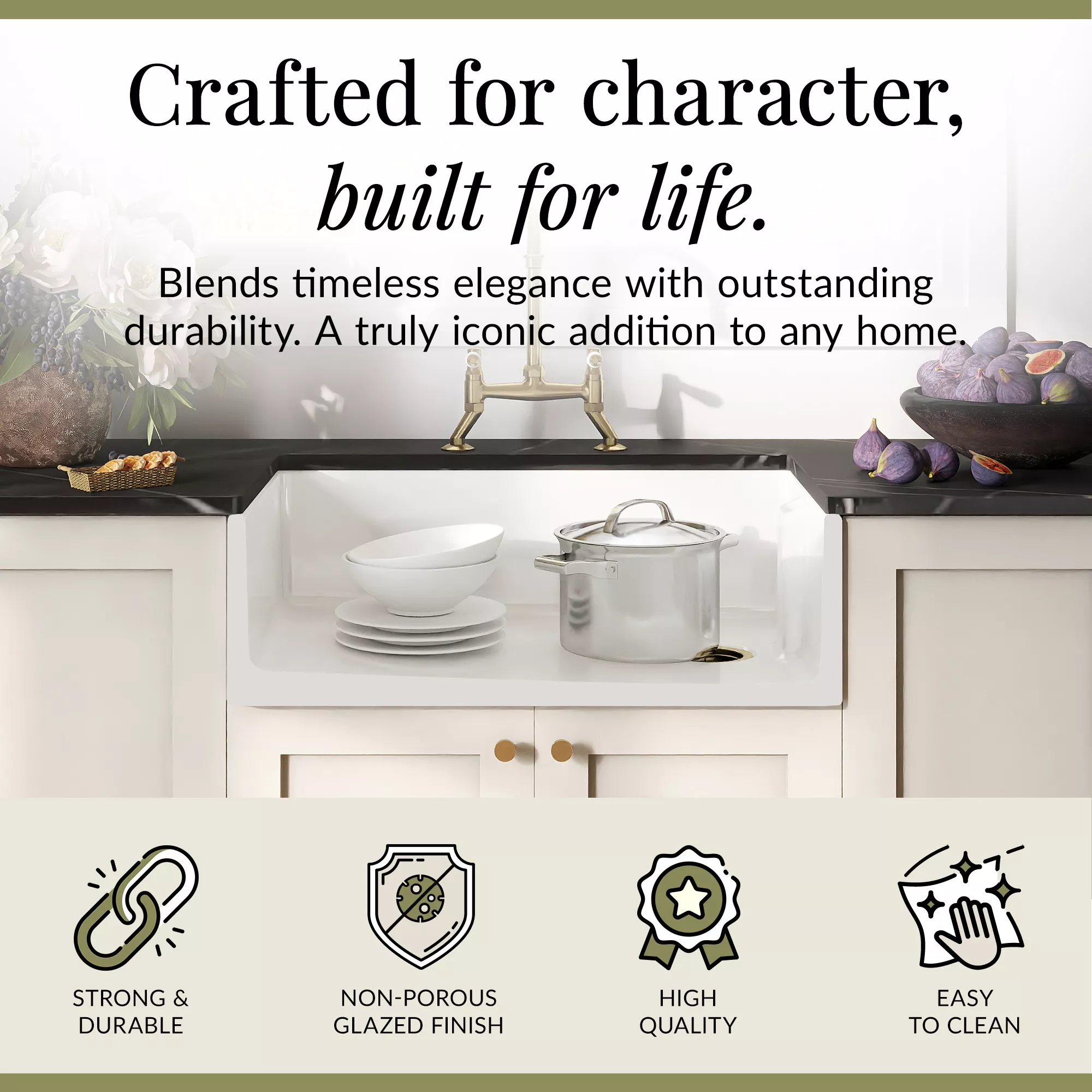 Fireclay Kitchen Bundle - Single Bowl Belfast Sink, Strainer Waste & Bridge Lever Tap, 795mm - Brushed Brass - Image 5