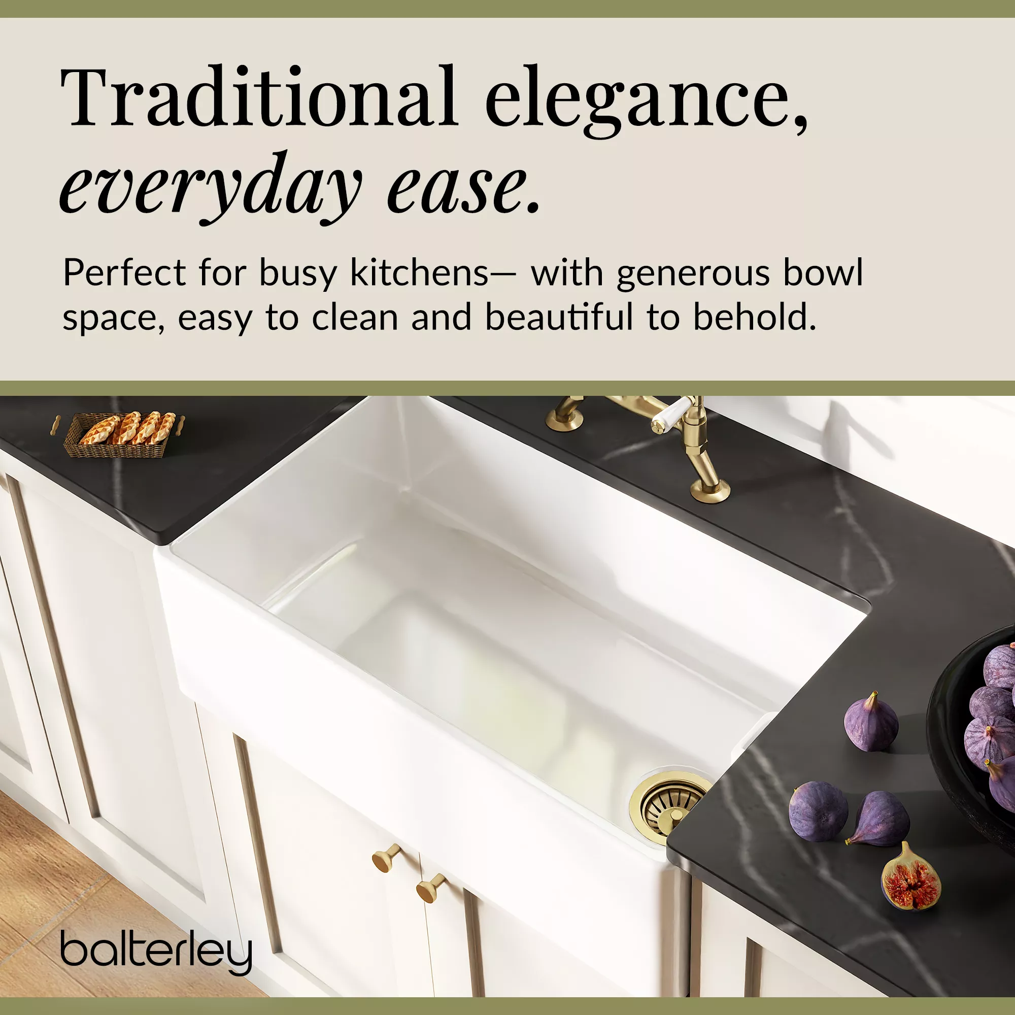 Fireclay Kitchen Bundle - Single Bowl Belfast Sink, Strainer Waste & Bridge Lever Tap, 795mm - Brushed Brass - Image 6