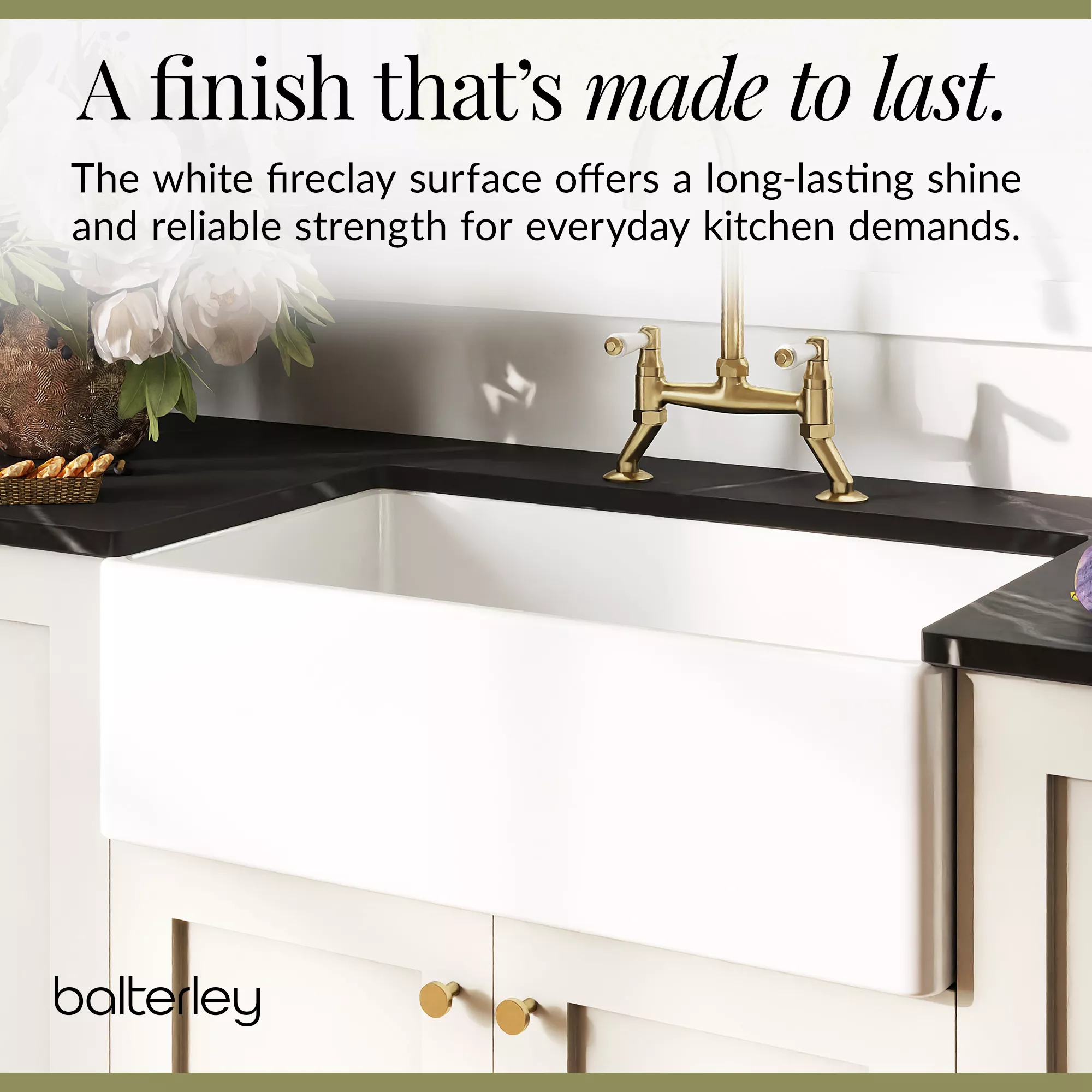 Fireclay Kitchen Bundle - Single Bowl Belfast Sink, Strainer Waste & Bridge Lever Tap, 795mm - Brushed Brass - Image 7