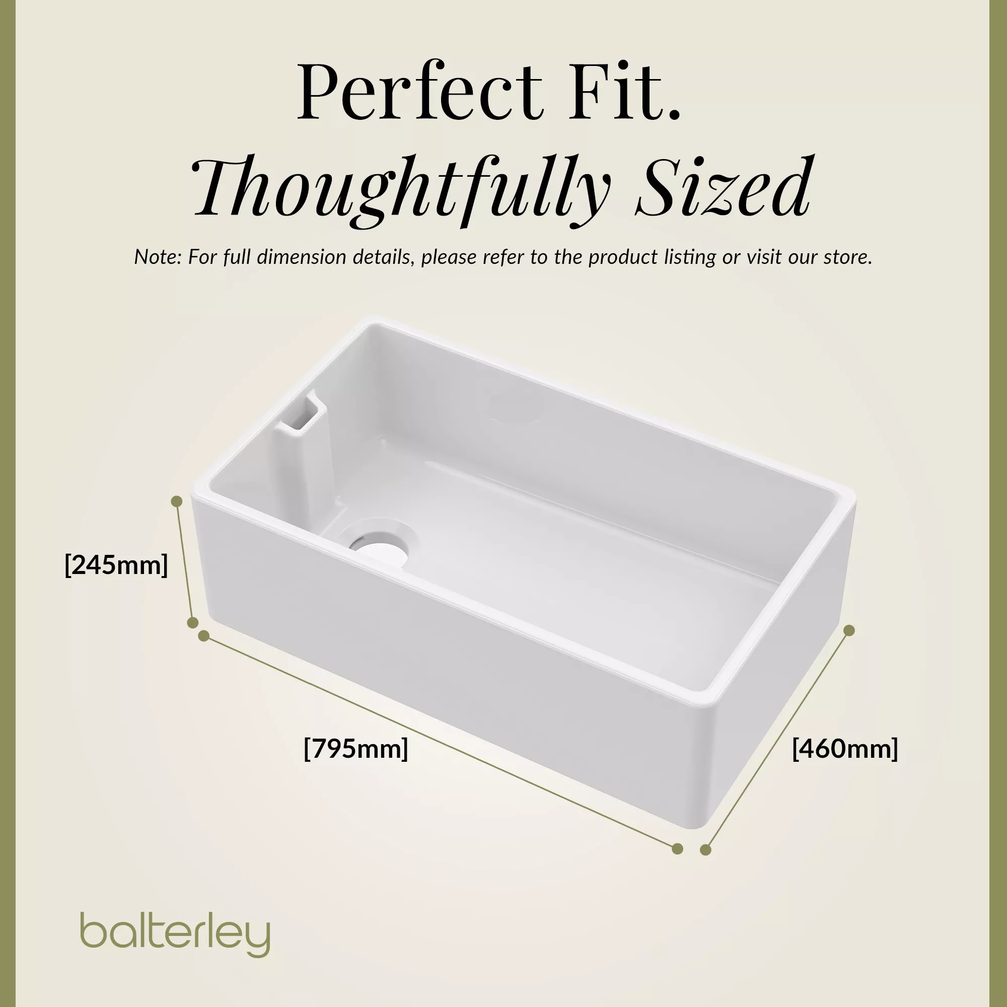 Fireclay Kitchen Bundle - Single Bowl Belfast Sink, Strainer Waste & Bridge Lever Tap, 795mm - Brushed Brass - Image 8