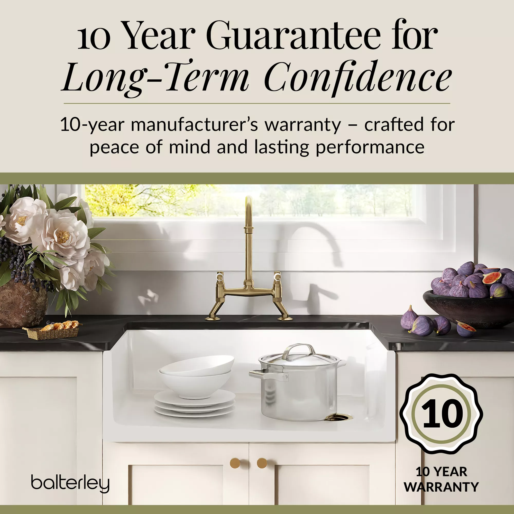 Fireclay Kitchen Bundle - Single Bowl Belfast Sink, Strainer Waste & Bridge Lever Tap, 795mm - Brushed Brass - Image 9
