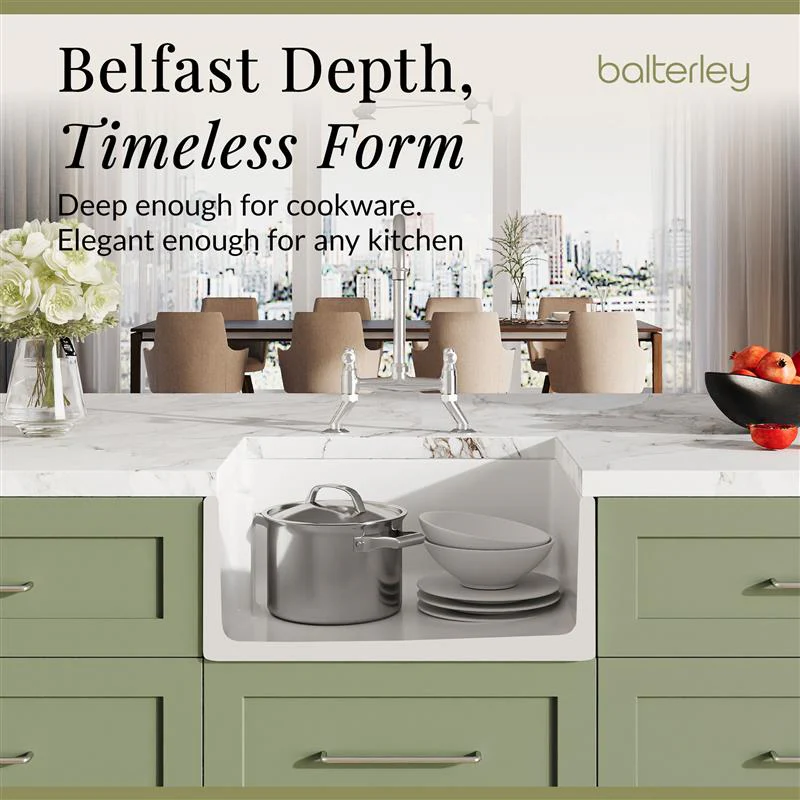 Fireclay Kitchen Bundle - Single Bowl Belfast Sink, Strainer Waste & Bridge Mixer Tap, 595mm - Chrome - Image 2