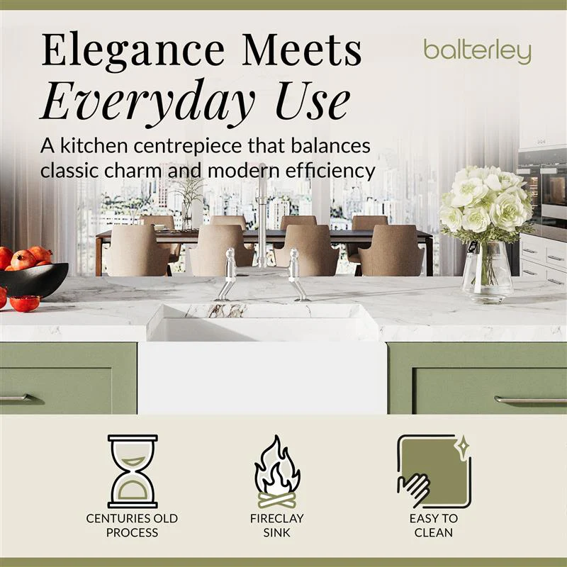 Fireclay Kitchen Bundle - Single Bowl Belfast Sink, Strainer Waste & Bridge Mixer Tap, 595mm - Chrome - Image 3