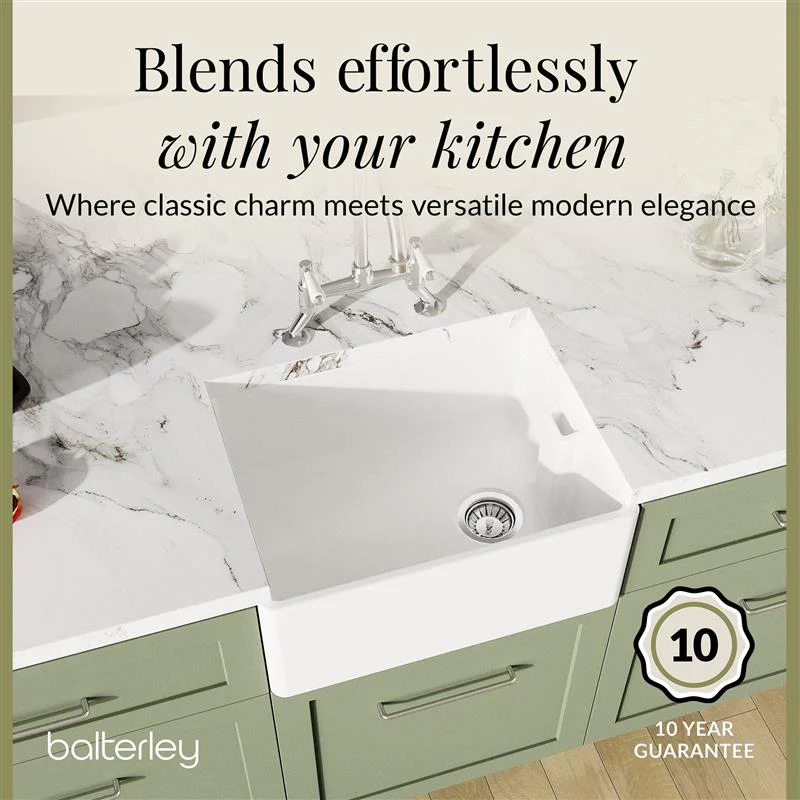 Fireclay Kitchen Bundle - Single Bowl Belfast Sink, Strainer Waste & Bridge Mixer Tap, 595mm - Chrome - Image 5