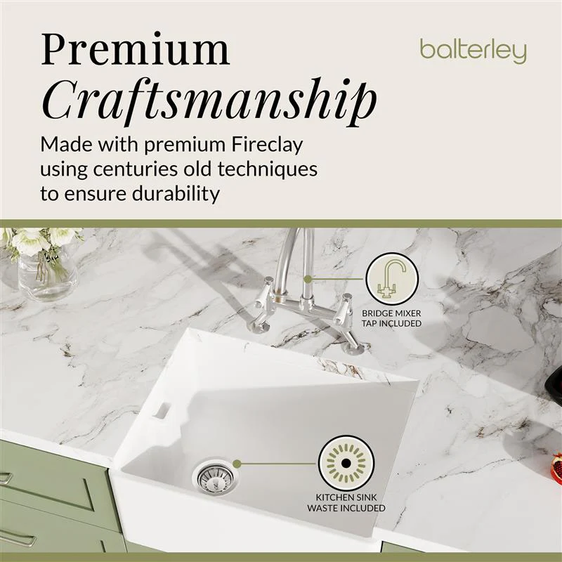 Fireclay Kitchen Bundle - Single Bowl Belfast Sink, Strainer Waste & Bridge Mixer Tap, 595mm - Chrome - Image 7