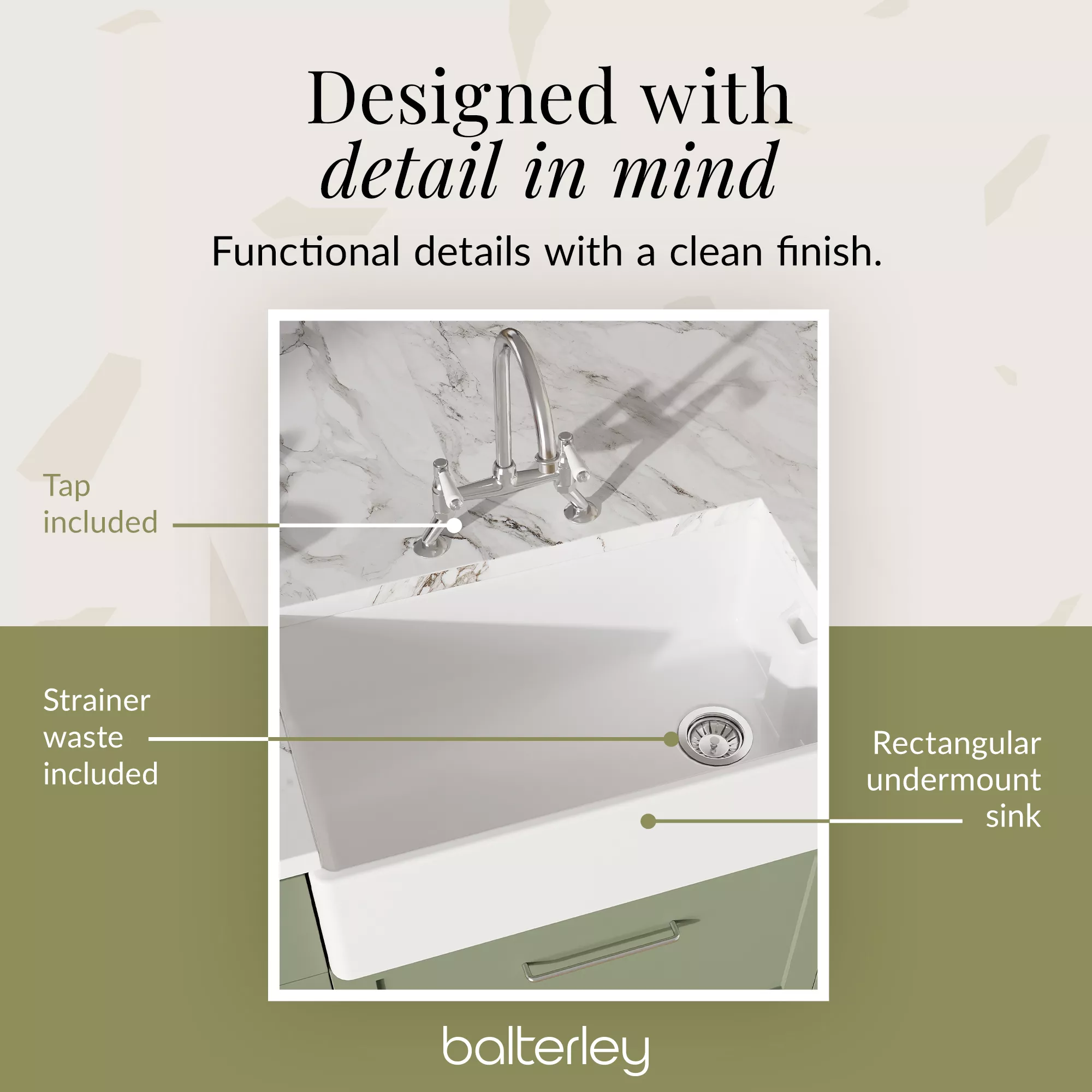 Fireclay Kitchen Bundle - Single Bowl Belfast Sink, Strainer Waste & Bridge Mixer Tap, 795mm - Chrome - Image 11