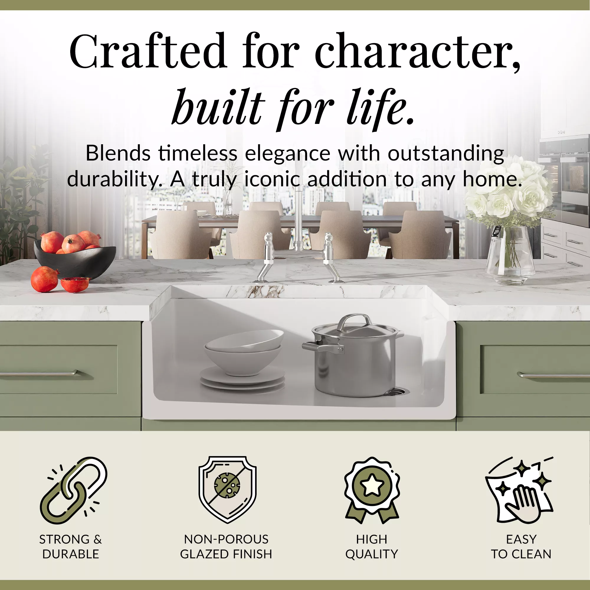 Fireclay Kitchen Bundle - Single Bowl Belfast Sink, Strainer Waste & Bridge Mixer Tap, 795mm - Chrome - Image 6