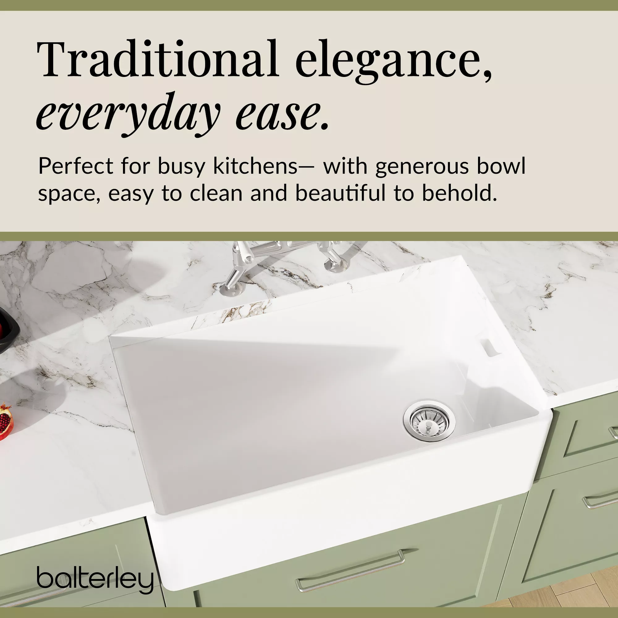 Fireclay Kitchen Bundle - Single Bowl Belfast Sink, Strainer Waste & Bridge Mixer Tap, 795mm - Chrome - Image 7