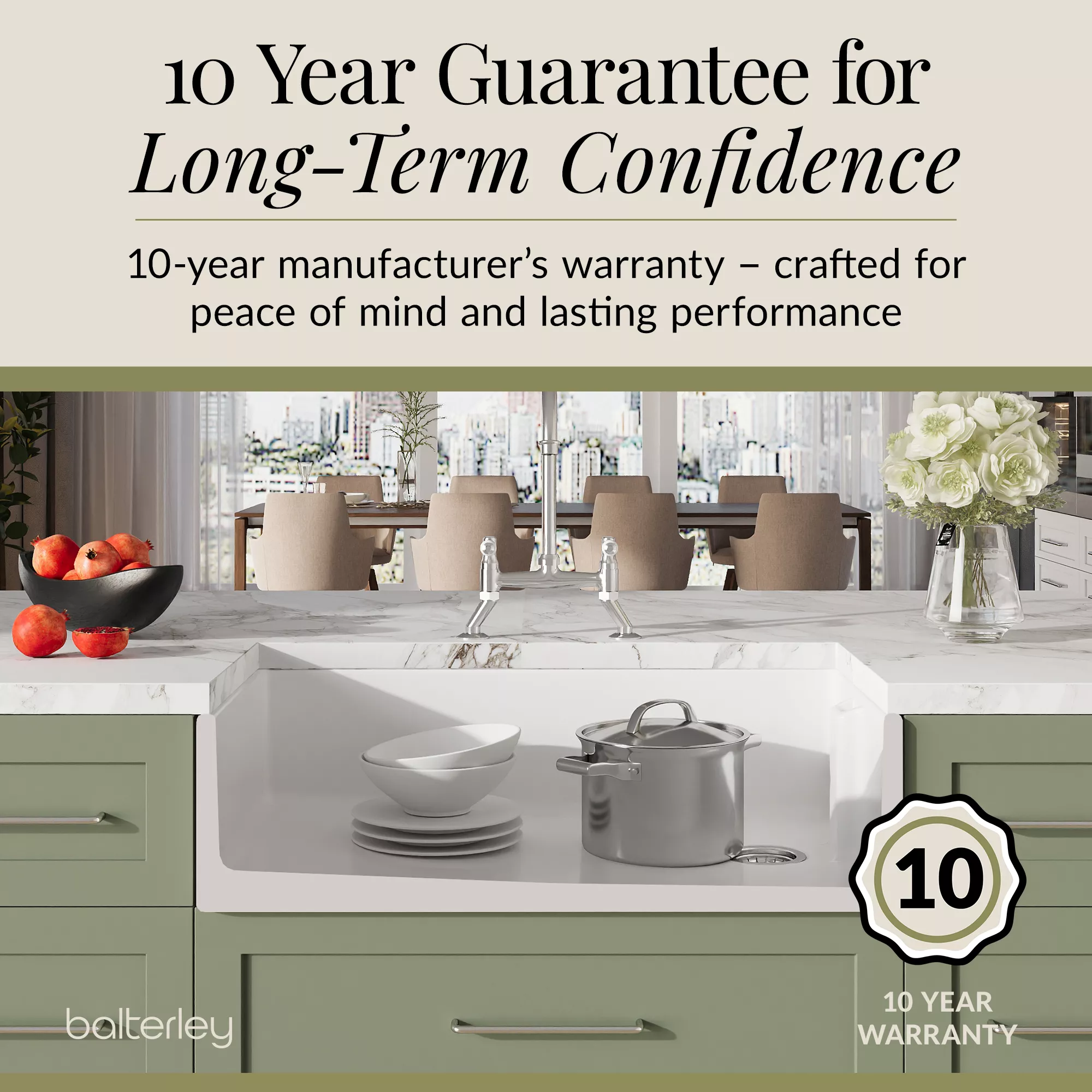 Fireclay Kitchen Bundle - Single Bowl Belfast Sink, Strainer Waste & Bridge Mixer Tap, 895mm - Chrome - Image 10