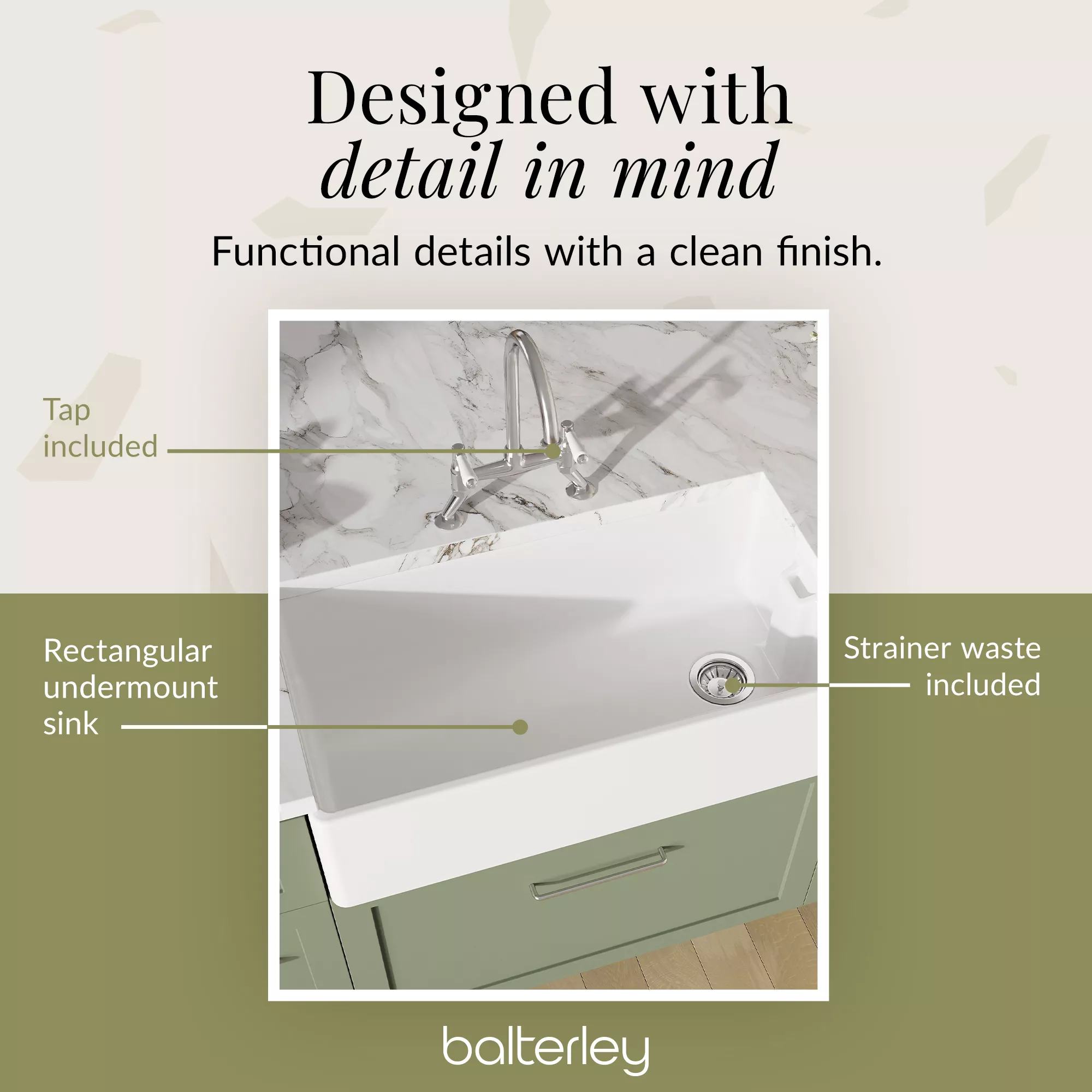 Fireclay Kitchen Bundle - Single Bowl Belfast Sink, Strainer Waste & Bridge Mixer Tap, 895mm - Chrome - Image 11