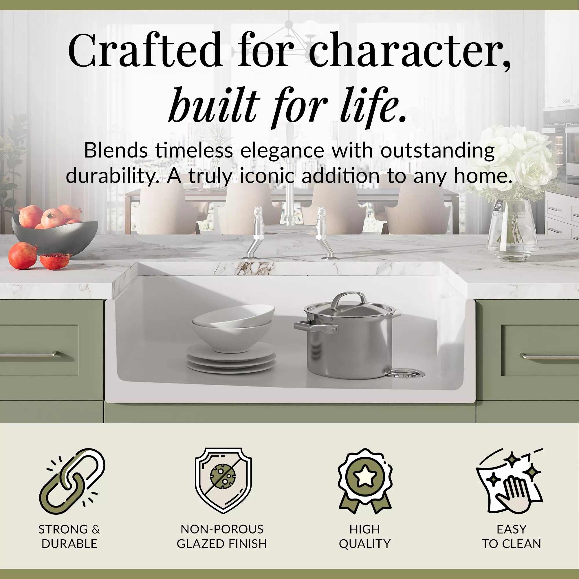 Fireclay Kitchen Bundle - Single Bowl Belfast Sink, Strainer Waste & Bridge Mixer Tap, 895mm - Chrome - Image 6