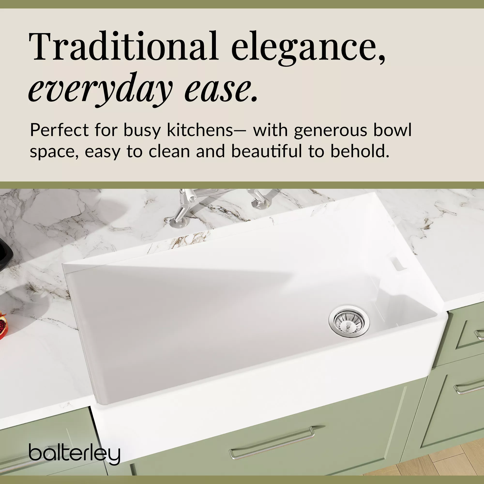 Fireclay Kitchen Bundle - Single Bowl Belfast Sink, Strainer Waste & Bridge Mixer Tap, 895mm - Chrome - Image 7