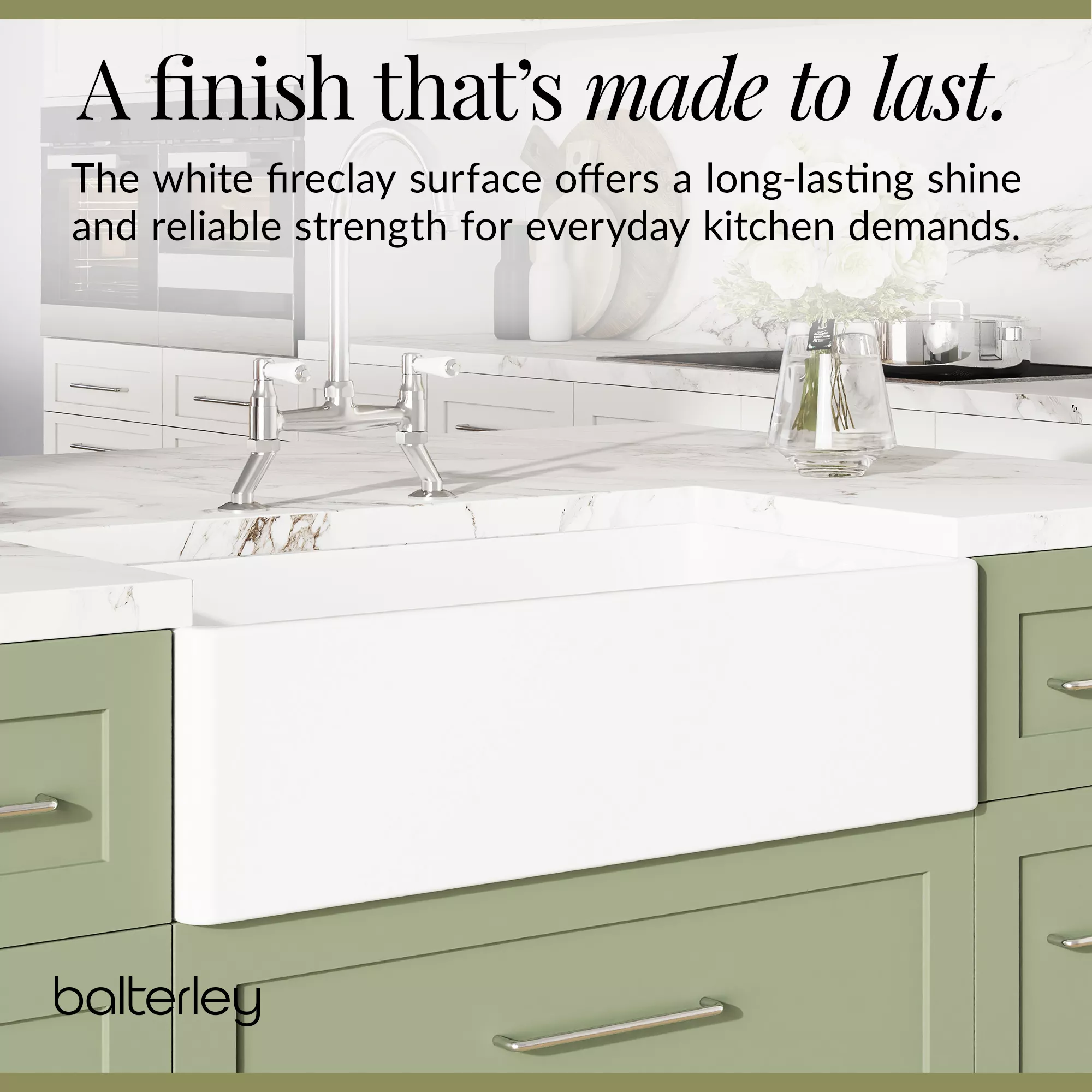 Fireclay Kitchen Bundle - Single Bowl Belfast Sink, Strainer Waste & Bridge Mixer Tap, 895mm - Chrome - Image 8