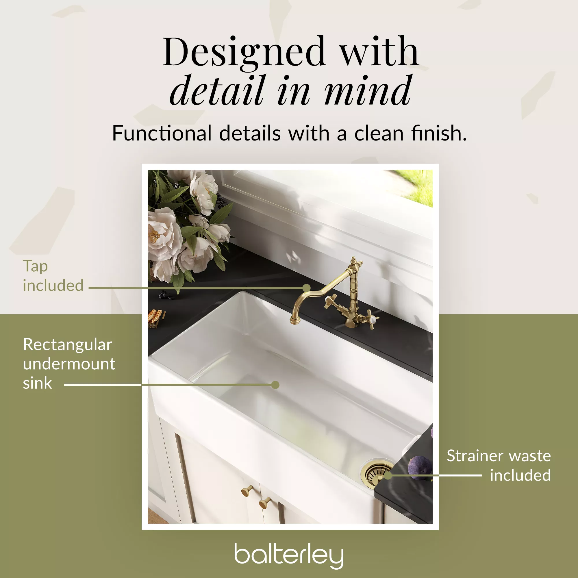 Fireclay Kitchen Bundle - Single Bowl Belfast Sink, Strainer Waste & French Classic Mono Tap, 895mm - Brushed Brass - Image 10