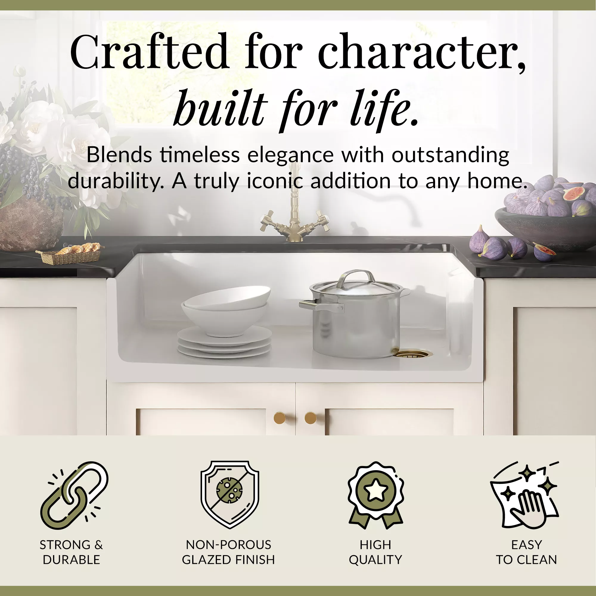 Fireclay Kitchen Bundle - Single Bowl Belfast Sink, Strainer Waste & French Classic Mono Tap, 895mm - Brushed Brass - Image 5