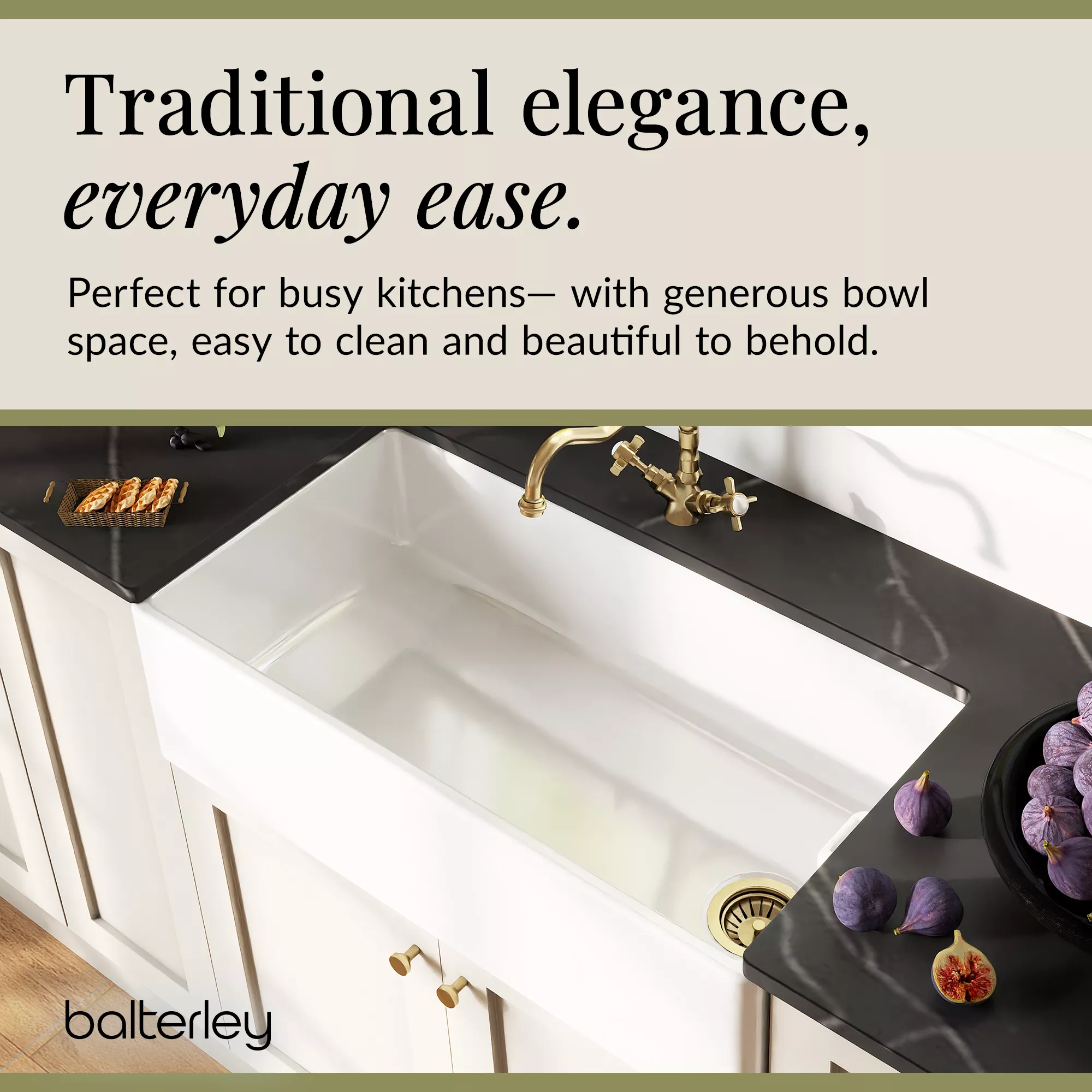 Fireclay Kitchen Bundle - Single Bowl Belfast Sink, Strainer Waste & French Classic Mono Tap, 895mm - Brushed Brass - Image 6
