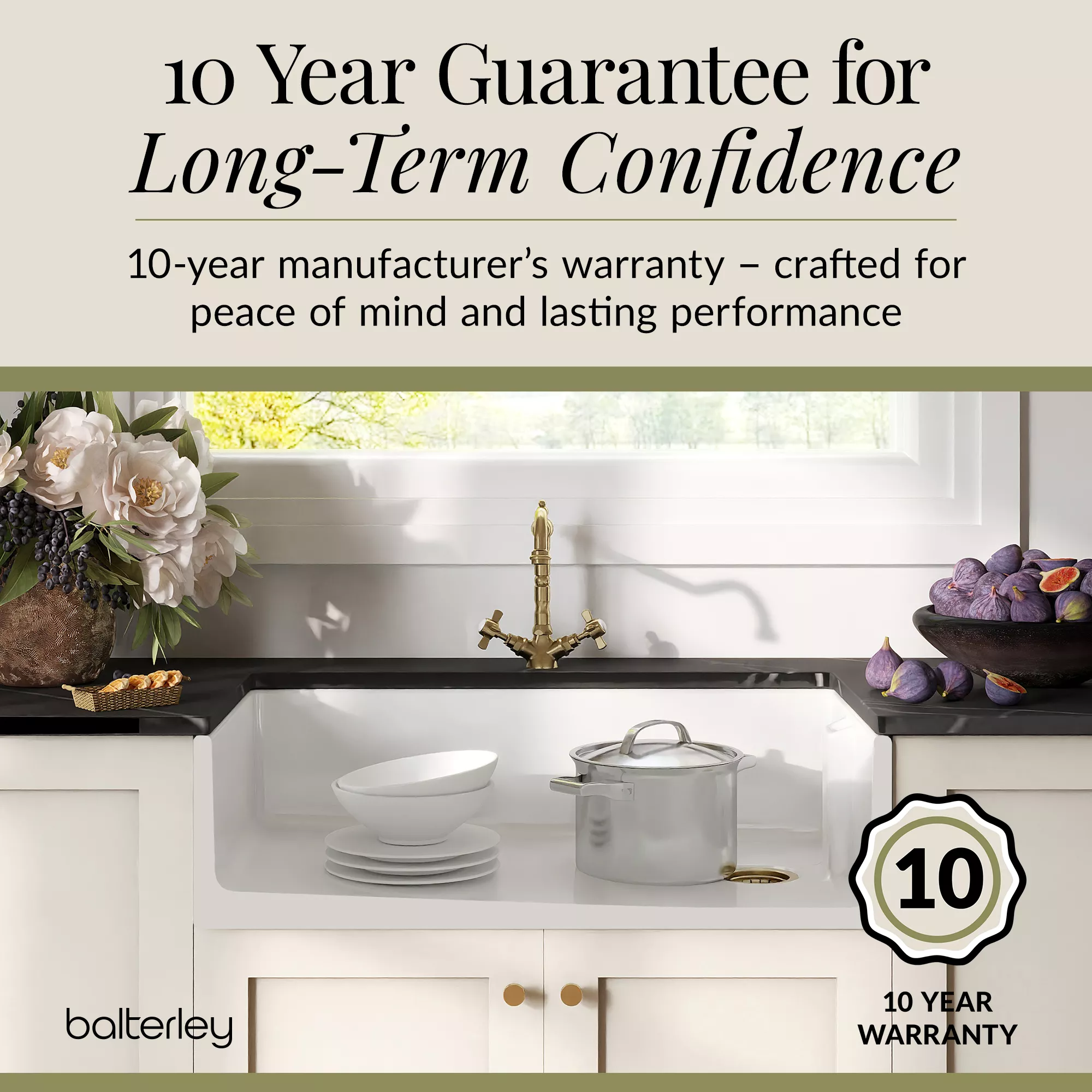 Fireclay Kitchen Bundle - Single Bowl Belfast Sink, Strainer Waste & French Classic Mono Tap, 895mm - Brushed Brass - Image 9